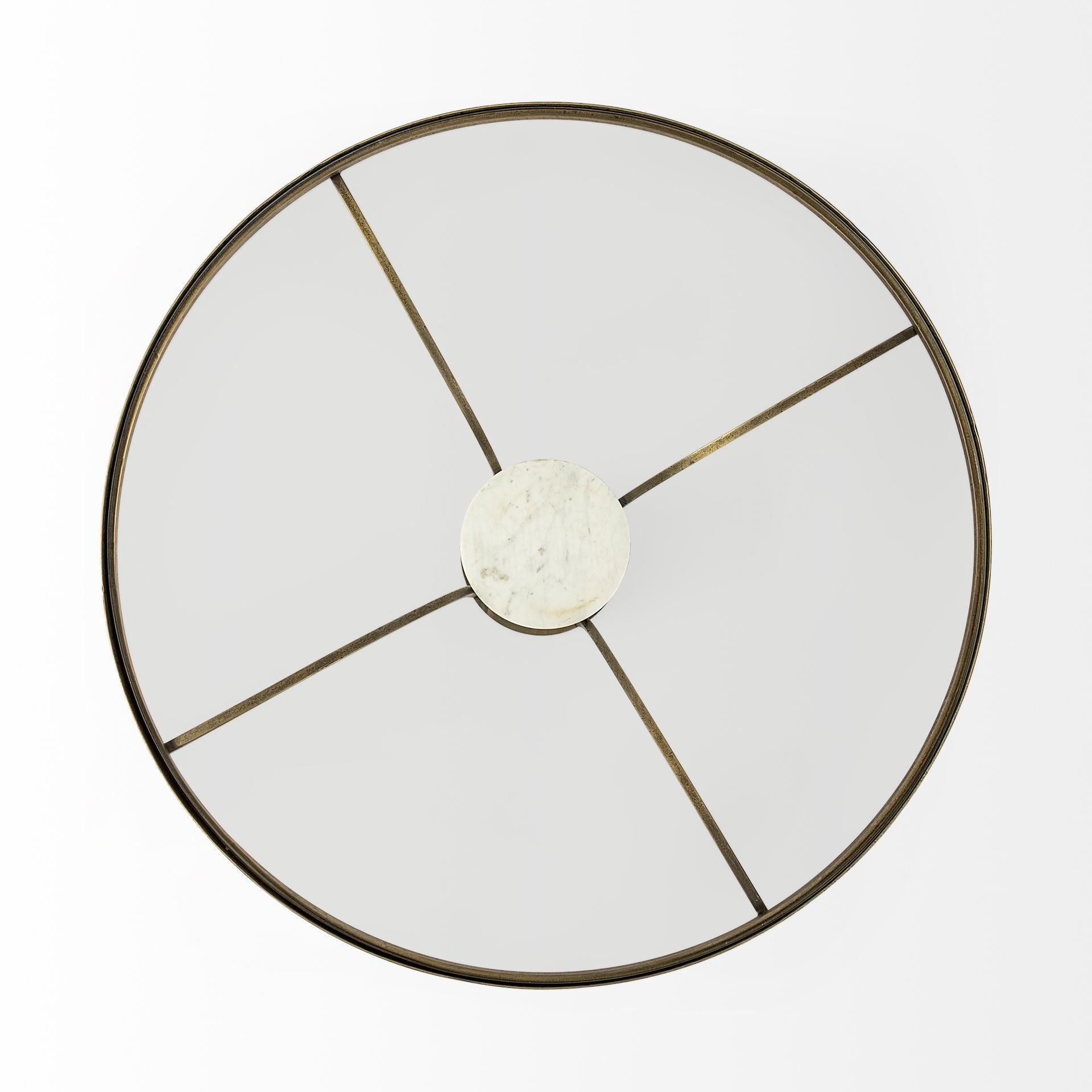 36" Antiqued Gold And White Glass Iron and Marble Round Pedestal Coffee Table-4