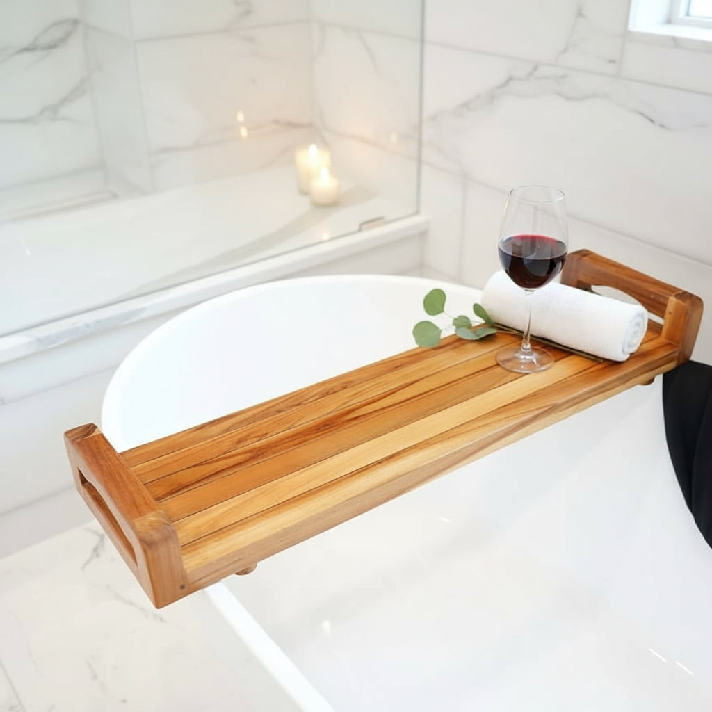 29"W Natural Teak Bath Tray and Seat with Handles-0