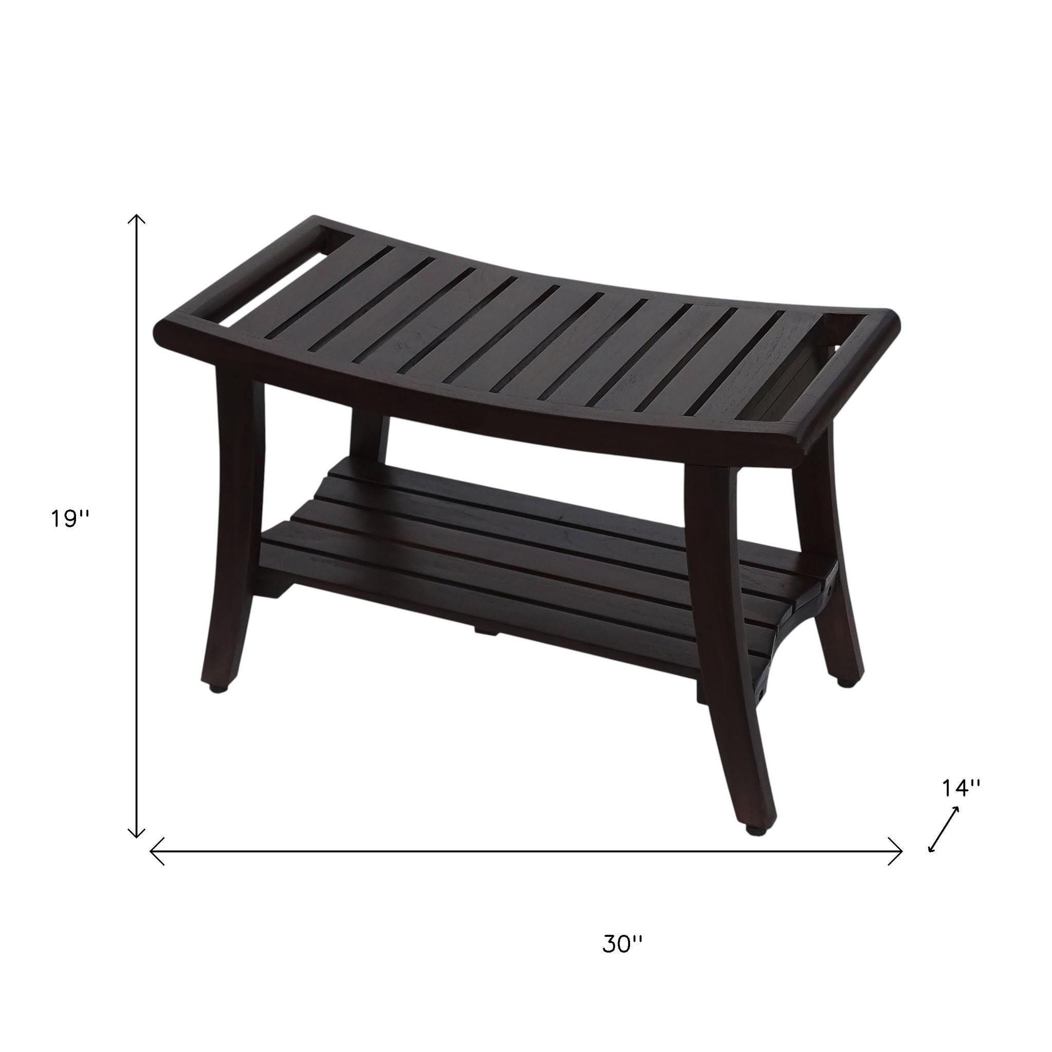 30" Dark Brown Teak Rectangular Shower Bench With Shelf-7