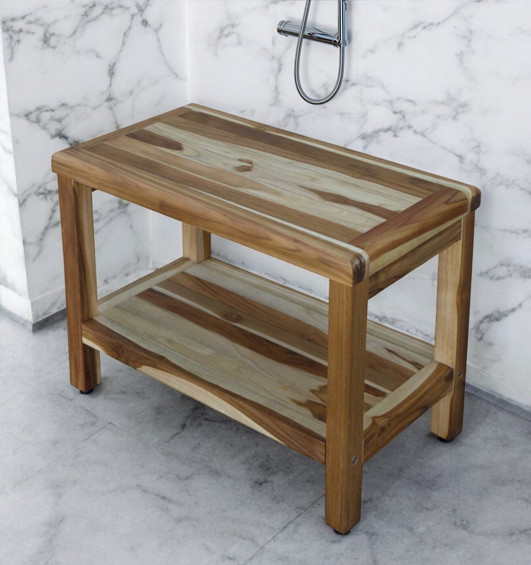 24" Natural Teak Rectangular Shower Bench With Shelf-0