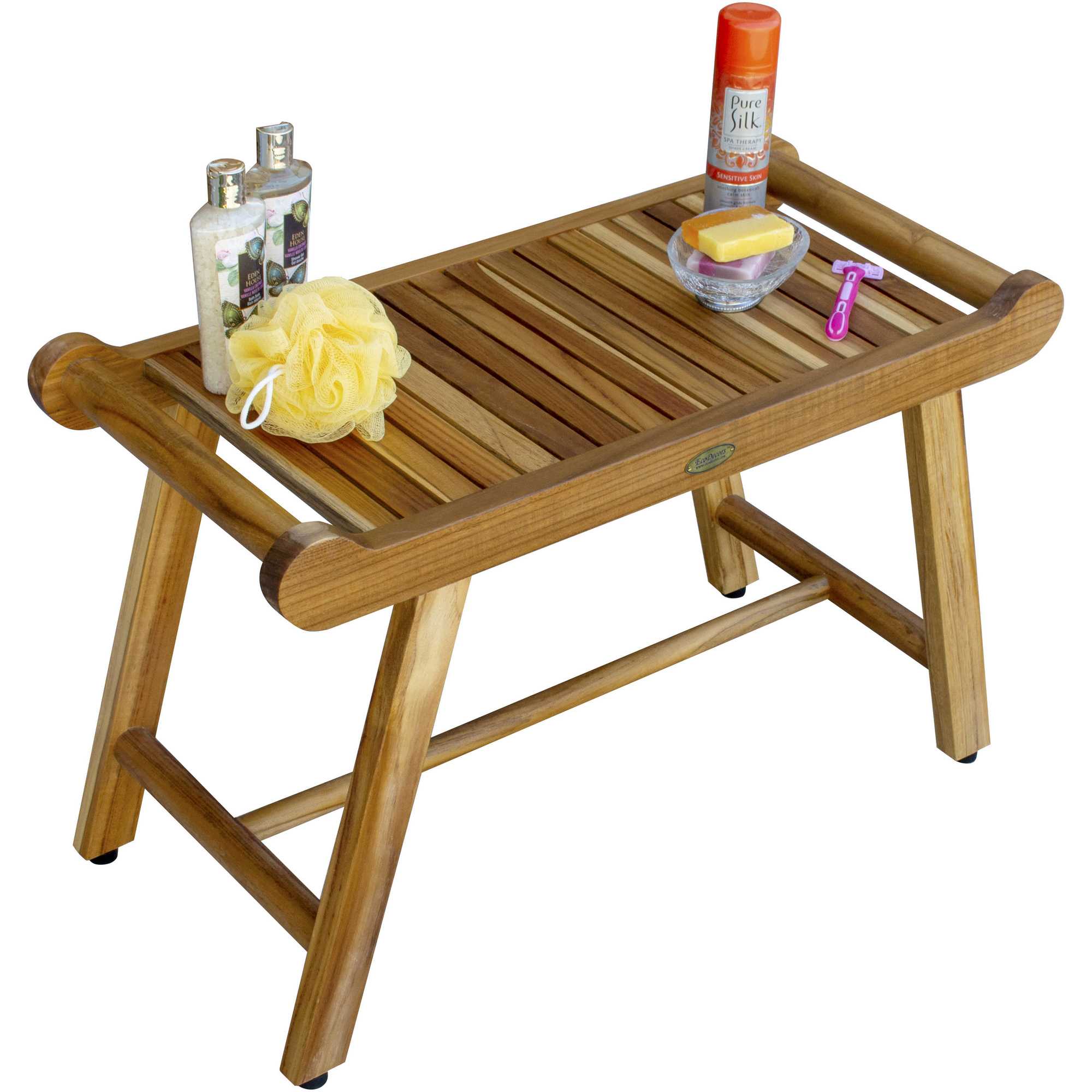 Rectangular Teak Shower Bench With Handles In Natural Finish-5