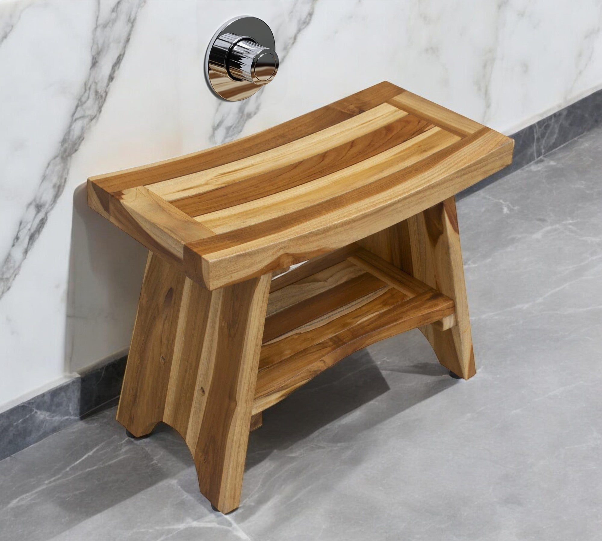 24" Natural Teak Rectangular Shower Bench With Shelf-0