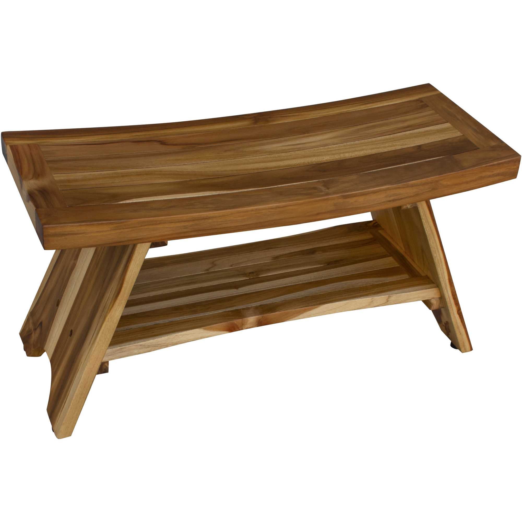 35" Teak Rectangular Shower Outdoor Bench With Shelf In Natural Finish-4