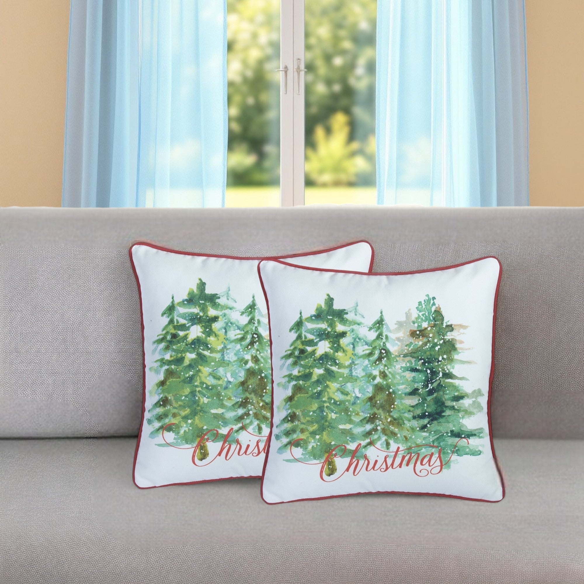 Set of Two 18" Green Red And White Christmas Christmas Trees Fabric Throw Pillow Covers-0