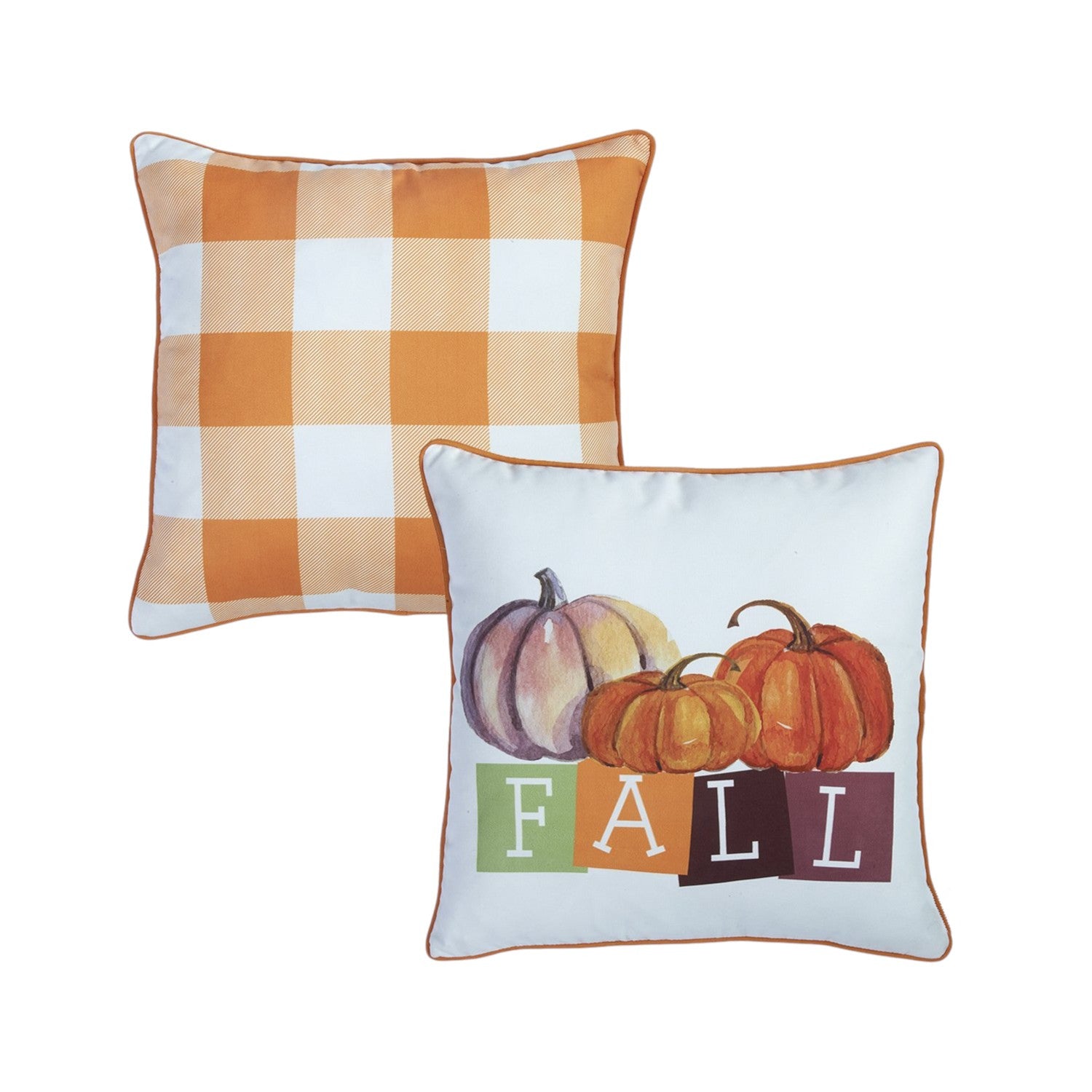 Set of Two 18" Orange And White Fall Plaid Fabric Throw Pillow Covers-1
