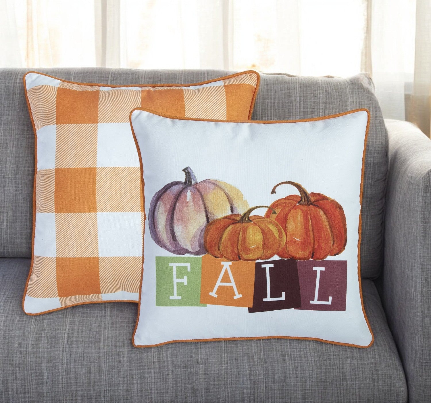 Set of Two 18" Orange And White Fall Plaid Fabric Throw Pillow Covers-0
