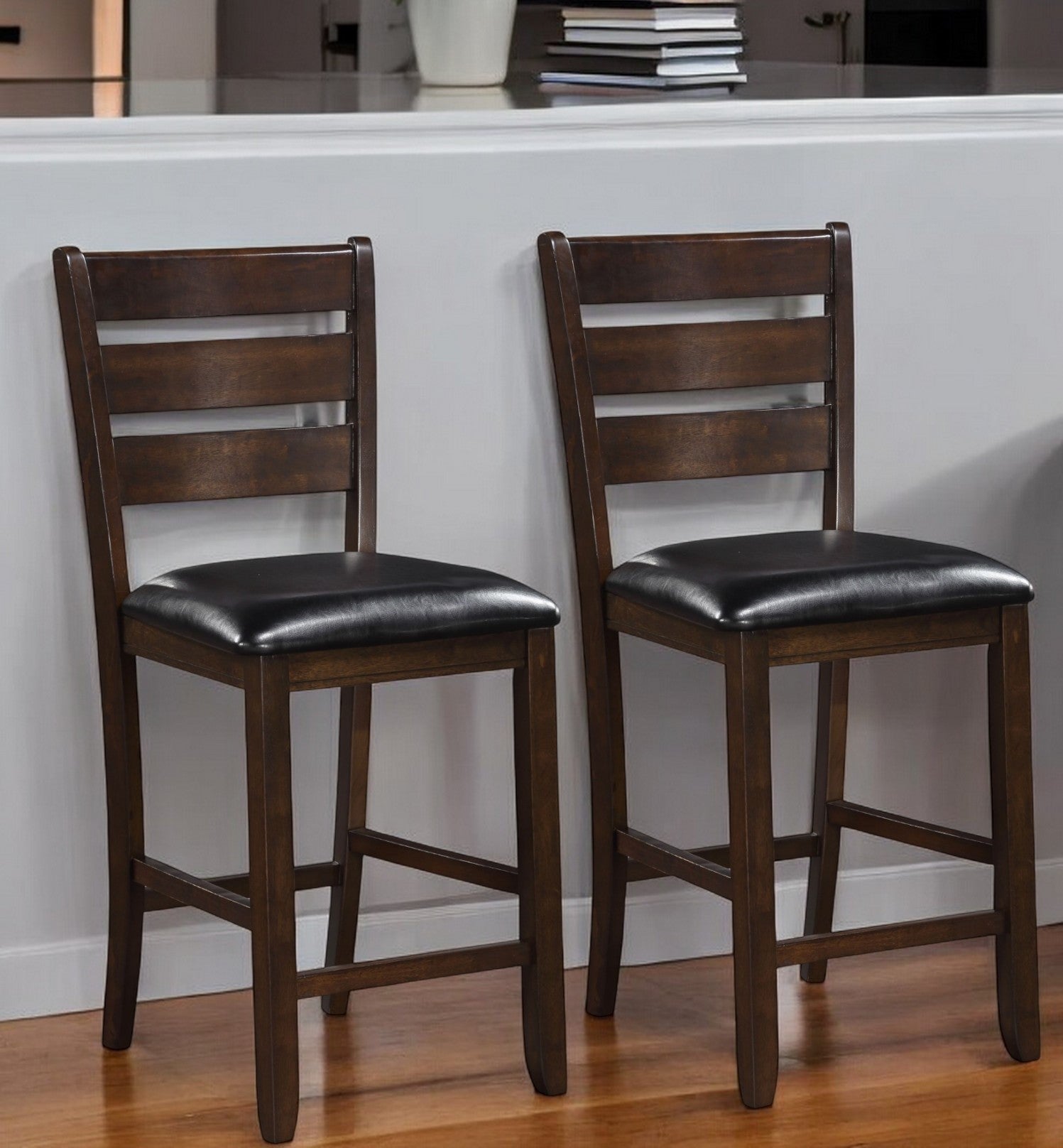 Set of Two 41" Black and Brown Faux Leather and Solid Wood Counter Height Bar Chairs-0
