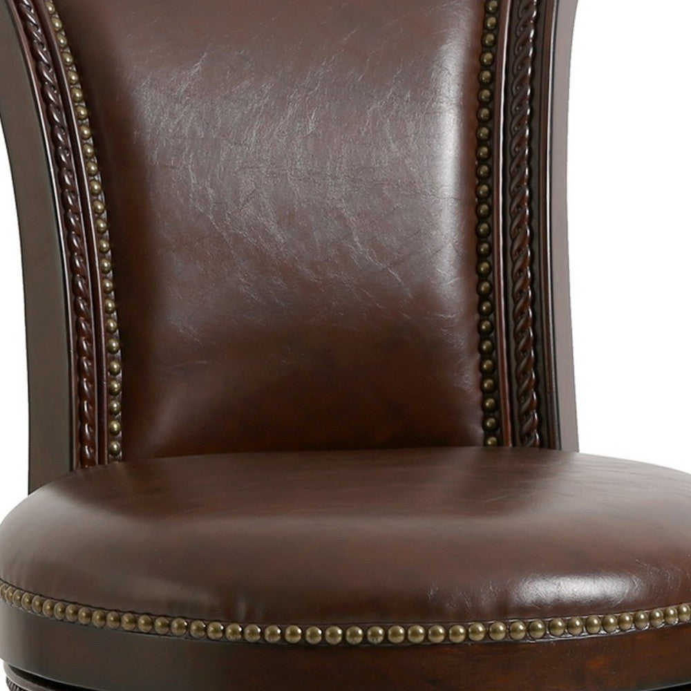 25" Dark Brown Faux Leather and Solid Wood Counter Height Swivel Bar Chair-4