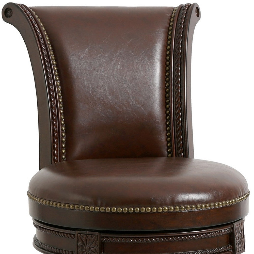 25" Dark Brown Faux Leather and Solid Wood Counter Height Swivel Bar Chair-5