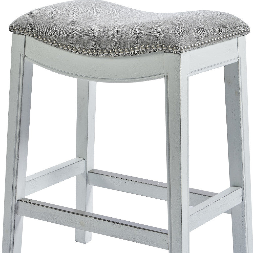 26" Gray and White Solid Wood and Linen Blend Backless Counter Height Bar Chair-5