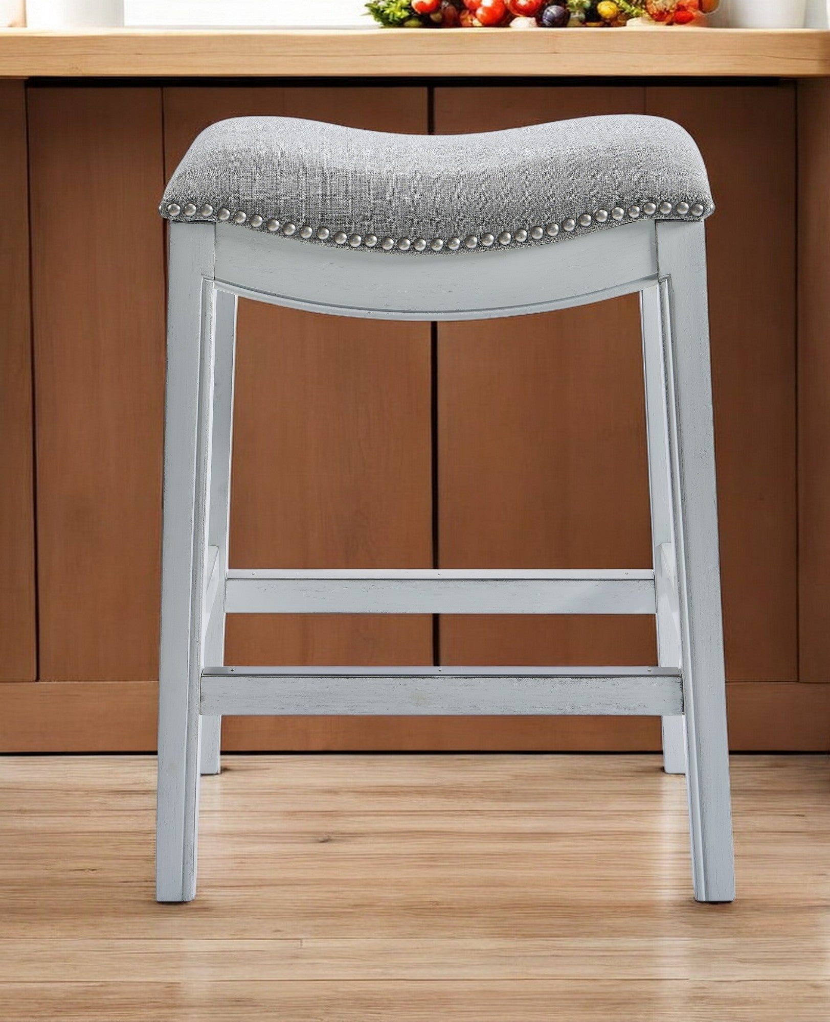 26" Gray and White Solid Wood and Linen Blend Backless Counter Height Bar Chair-0