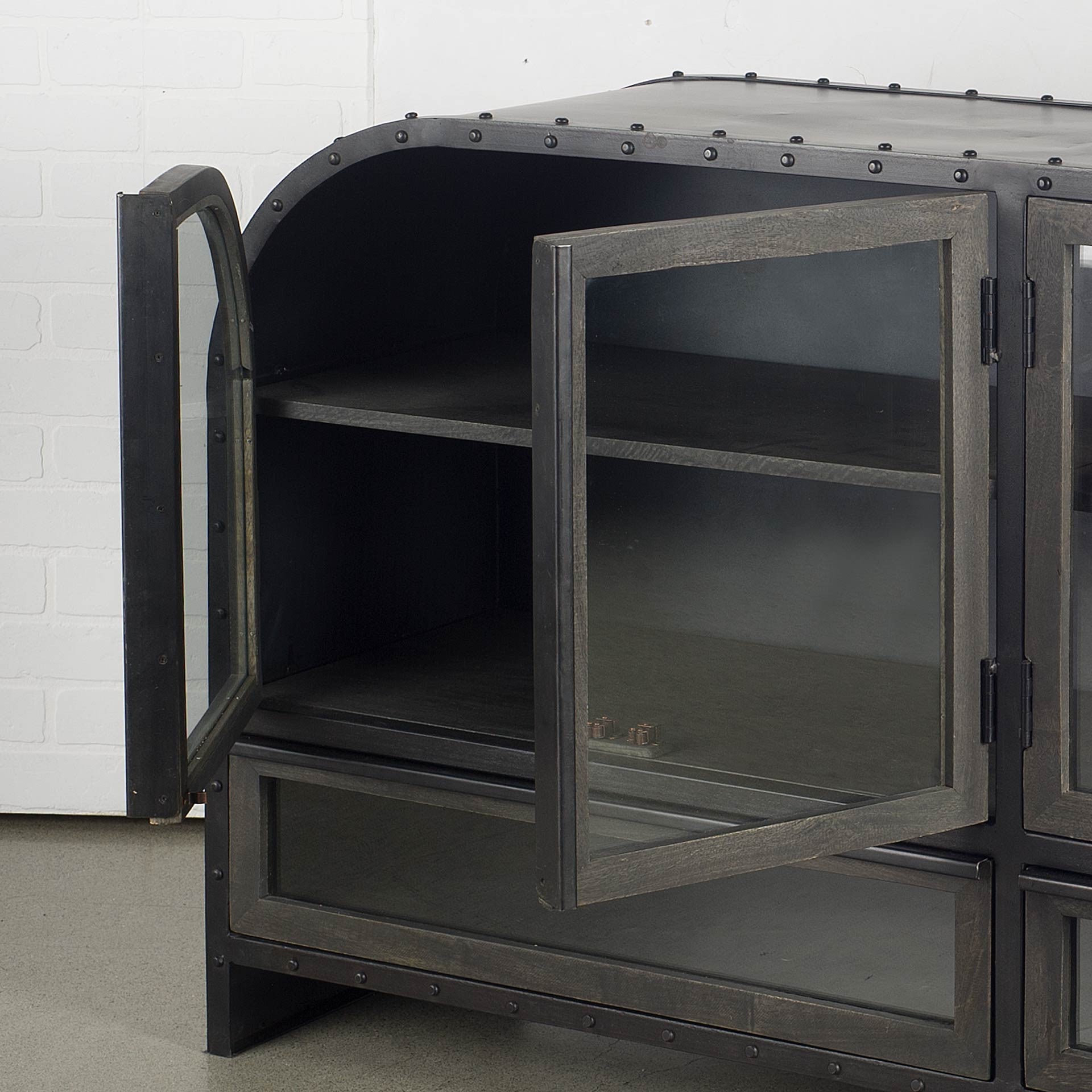 62" Dark Brown Iron Two Drawer Sideboard with Four Glass Doors-5