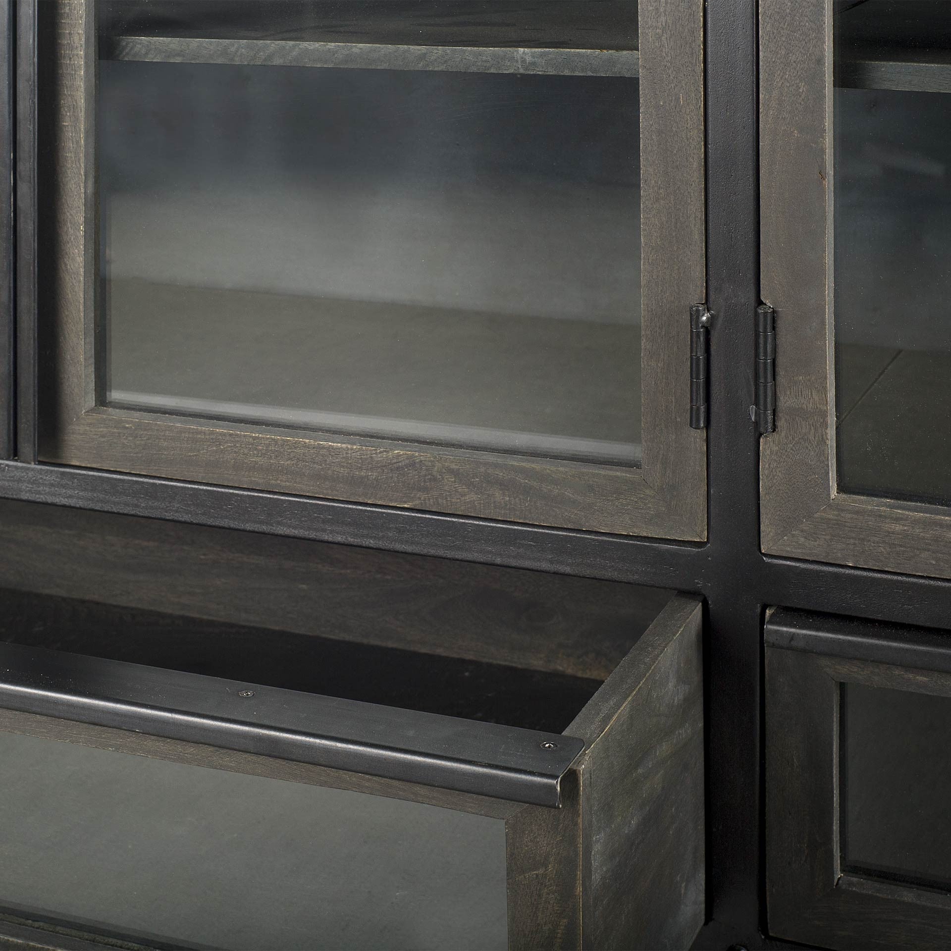 62" Dark Brown Iron Two Drawer Sideboard with Four Glass Doors-2