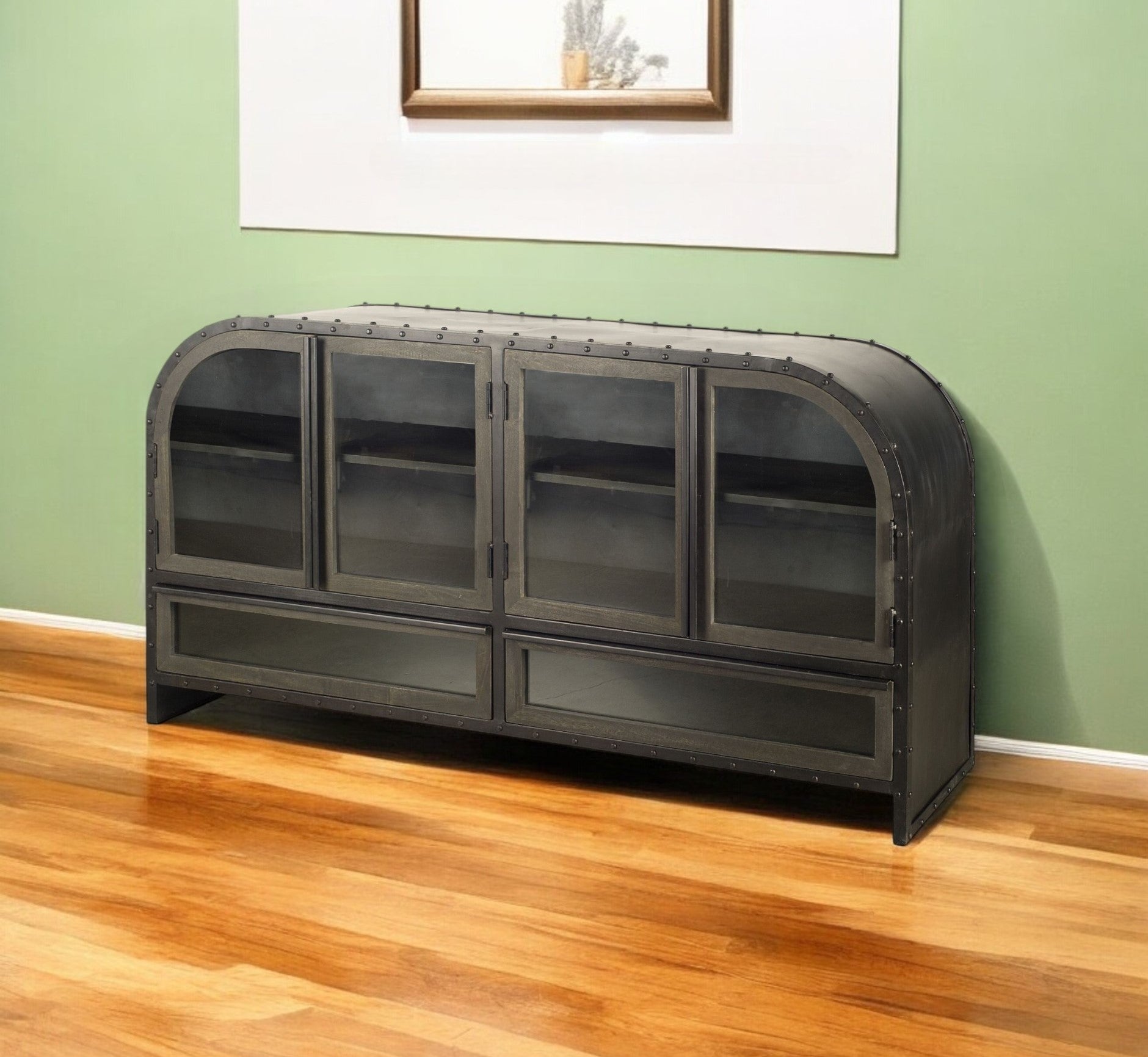 62" Dark Brown Iron Two Drawer Sideboard with Four Glass Doors-0