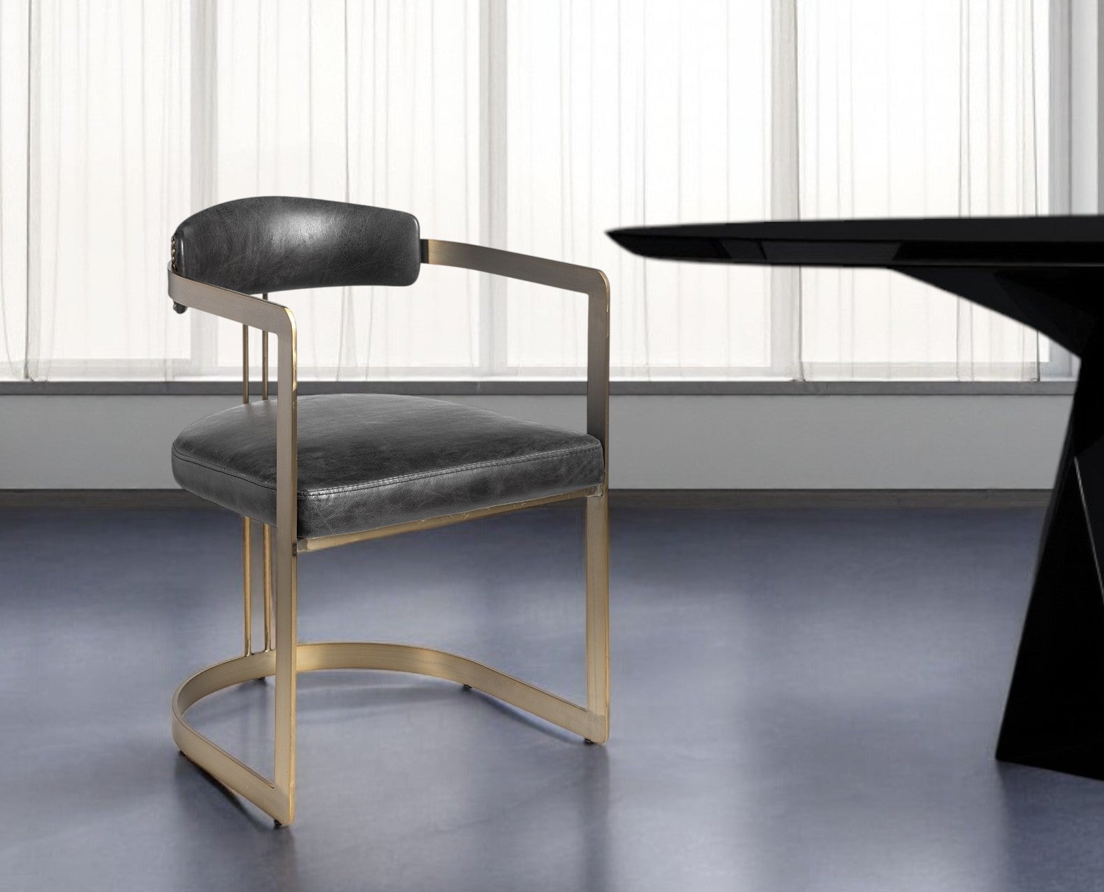 Black and Gold Upholstered Leather Open Back Dining Arm Chair-0