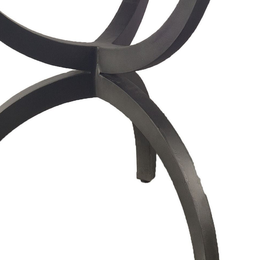 40" Off White And Black Rounded Marble And Metal Three Leg Base Dining Table-3