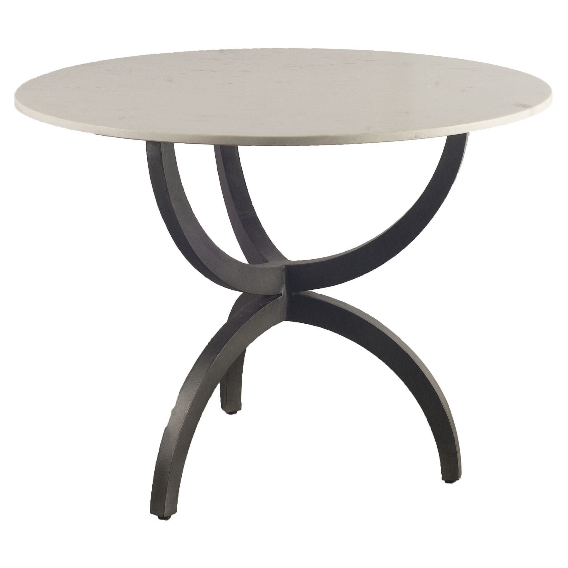 40" Off White And Black Rounded Marble And Metal Three Leg Base Dining Table-2