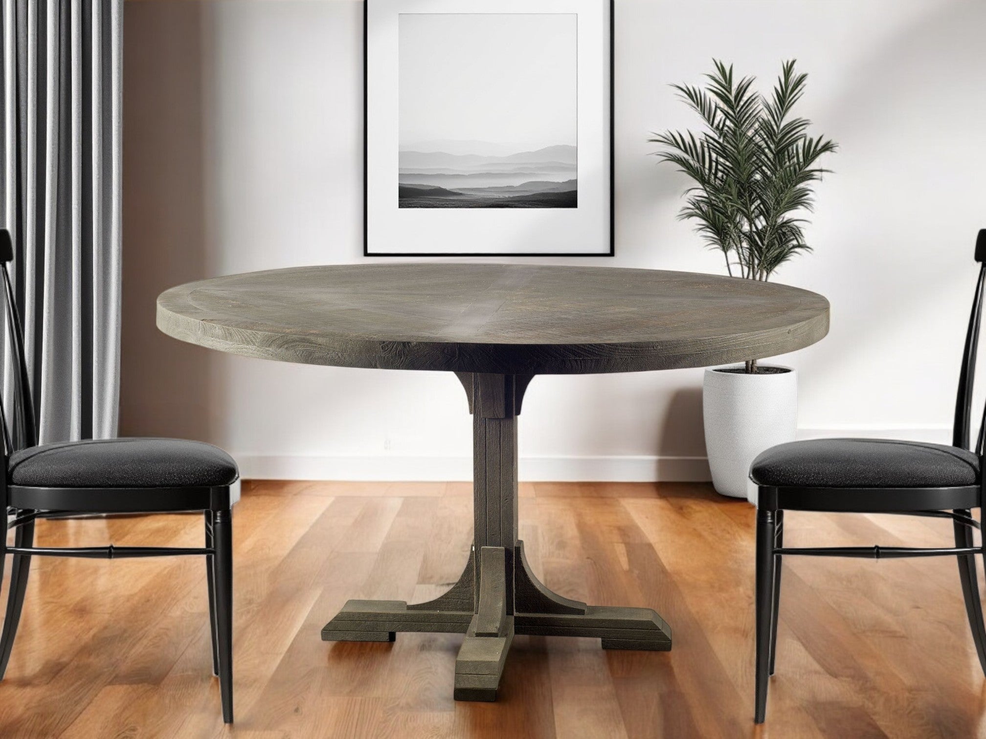 54" Brown Rounded Solid Wood Pedestal Base Dining Table-0