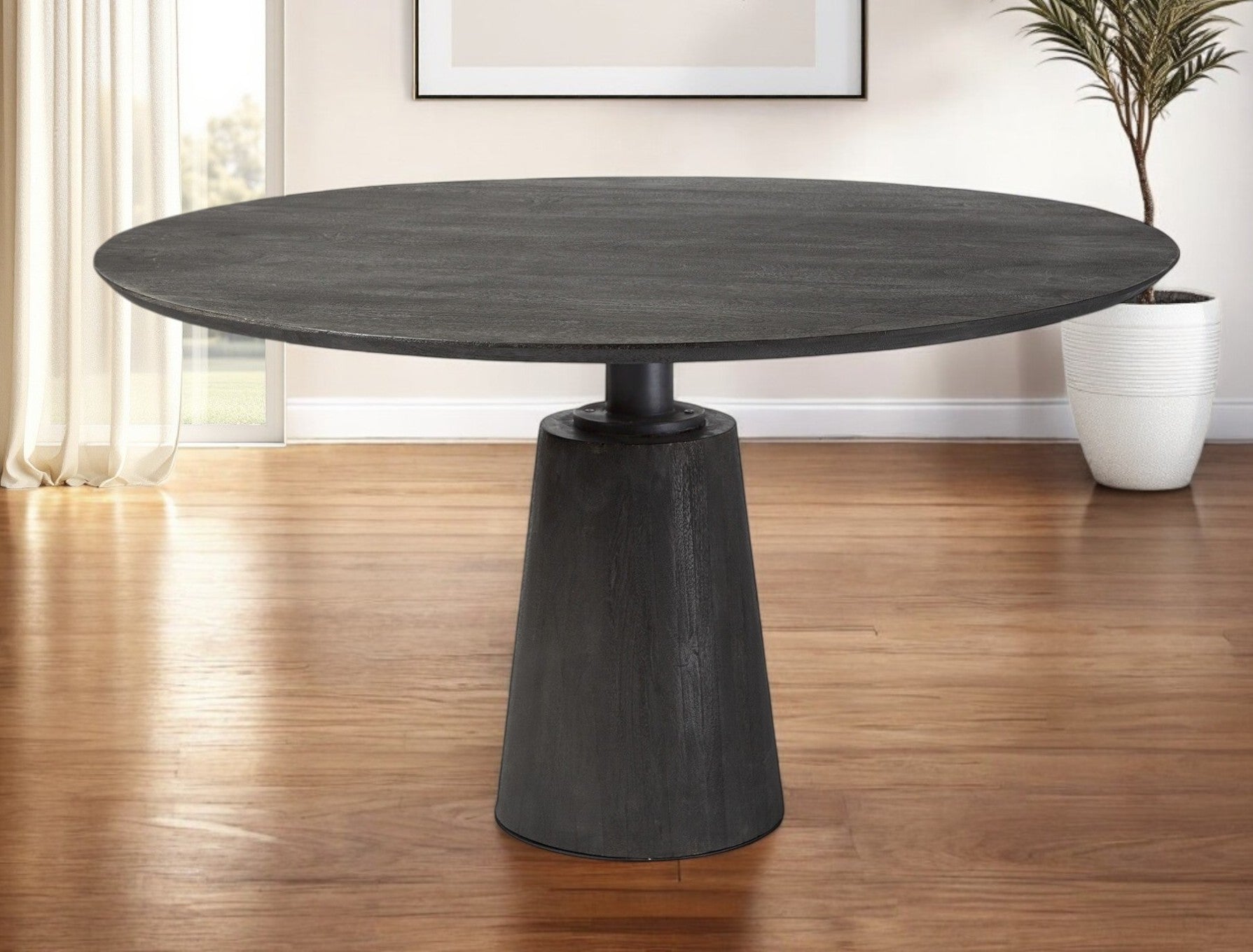 54" Brown Rounded Solid Wood And Metal Pedestal Base Dining Table-0
