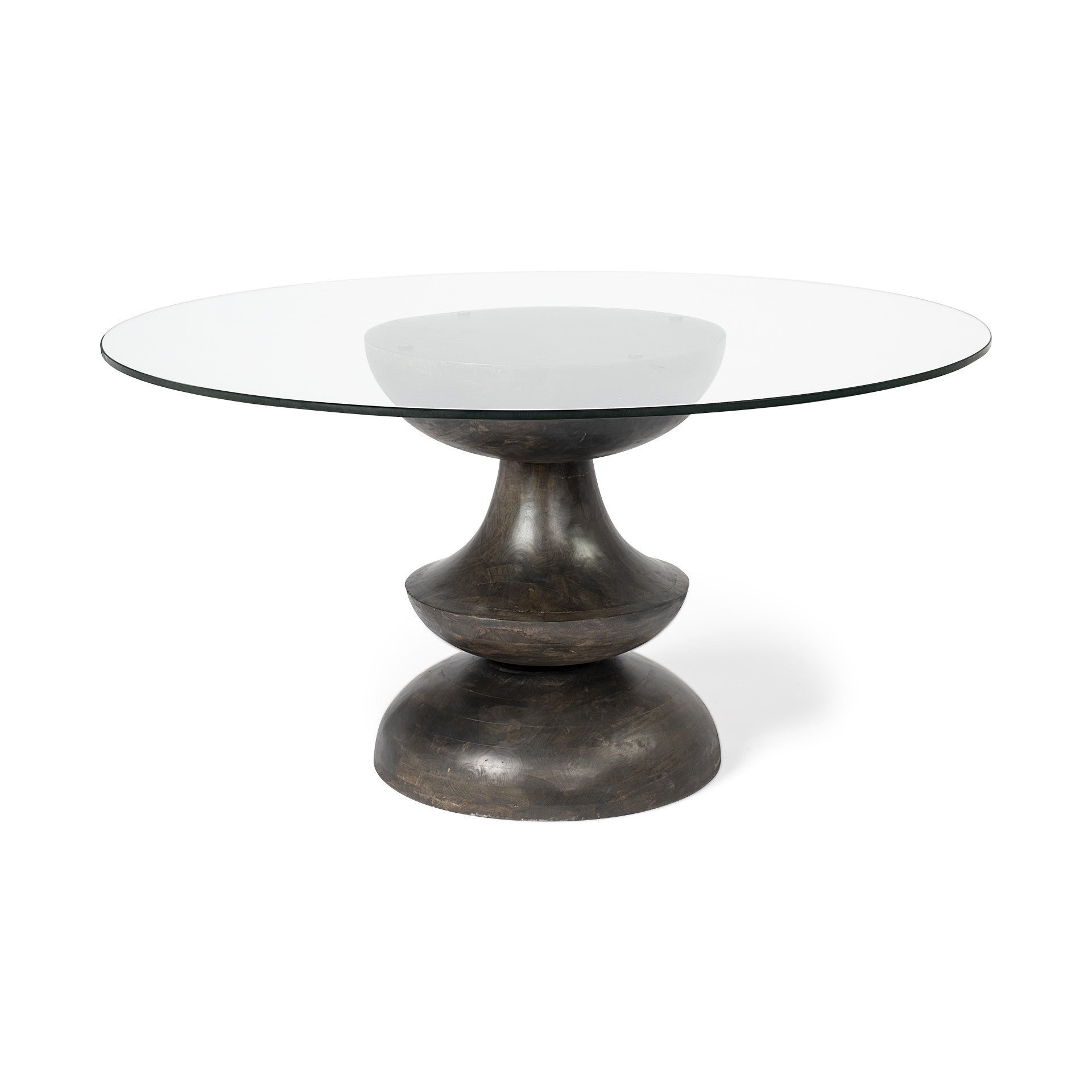 60" Clear And Brown Rounded Glass And Solid Manufactured Wood Pedestal Base Dining Table-1