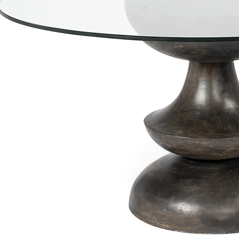 60" Clear And Brown Rounded Glass And Solid Manufactured Wood Pedestal Base Dining Table-6