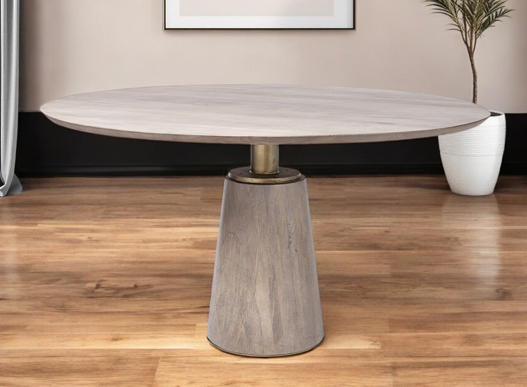 54" Brown And Gold Rounded Solid Wood And Metal Pedestal Base Dining Table-0