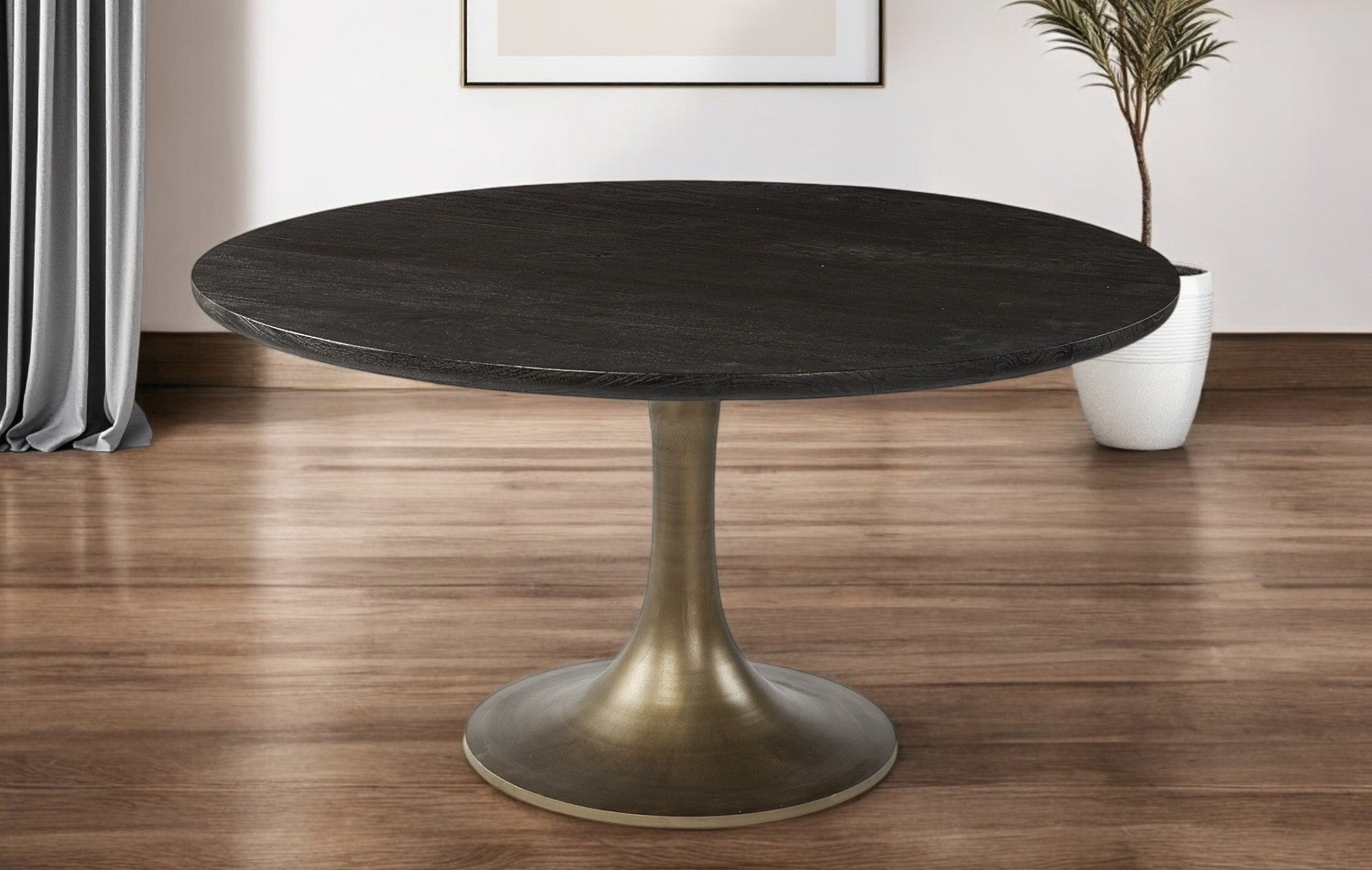 54" Black And Brass Rounded Solid Wood And Metal Pedestal Base Dining Table-0