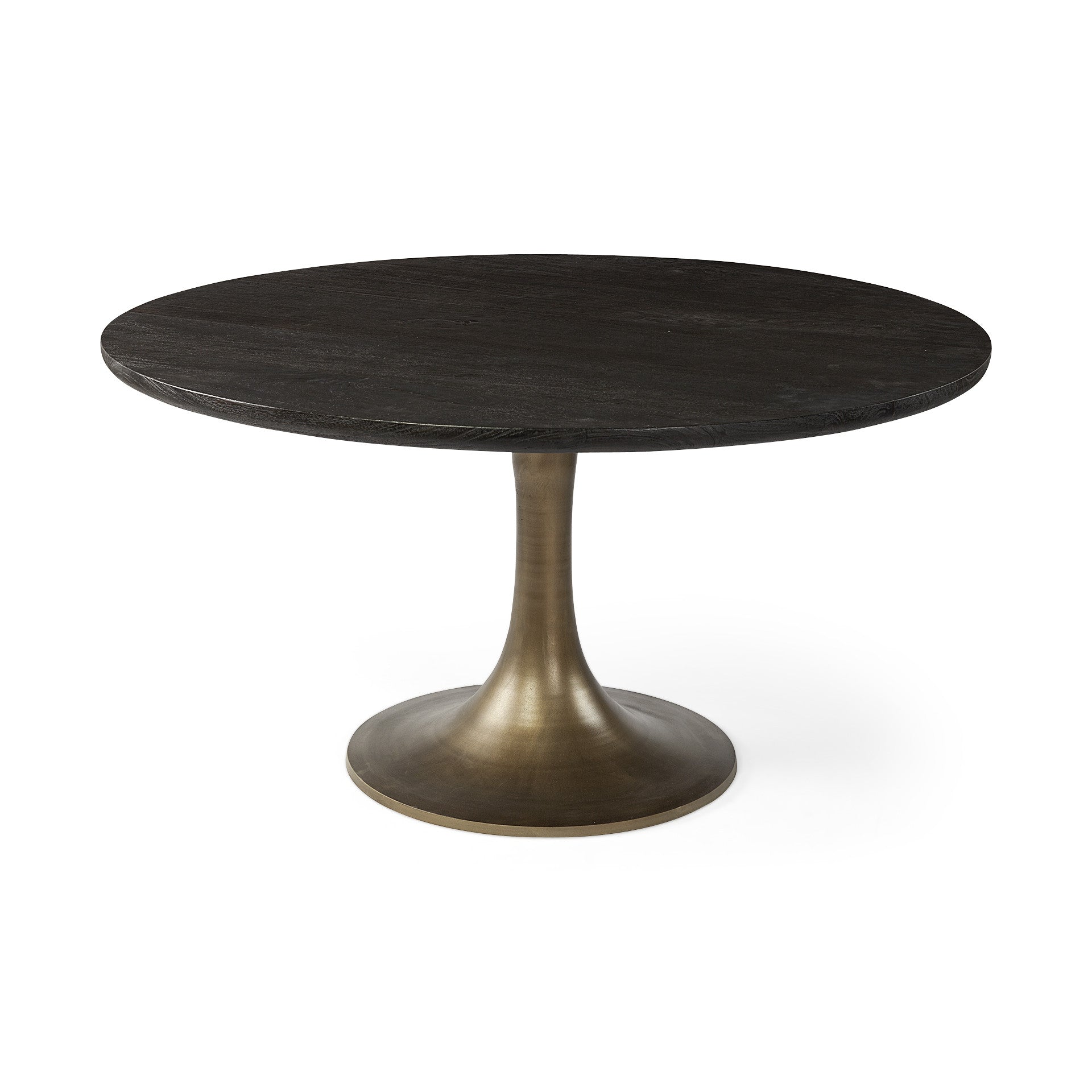 54" Black And Brass Rounded Solid Wood And Metal Pedestal Base Dining Table-1