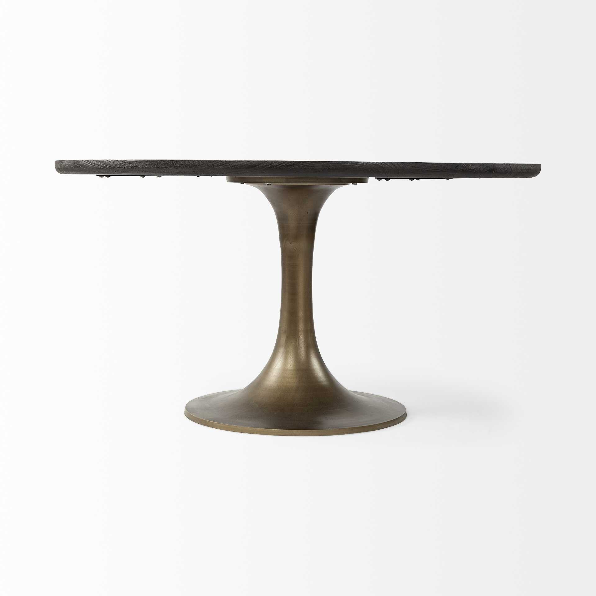 54" Black And Brass Rounded Solid Wood And Metal Pedestal Base Dining Table-2