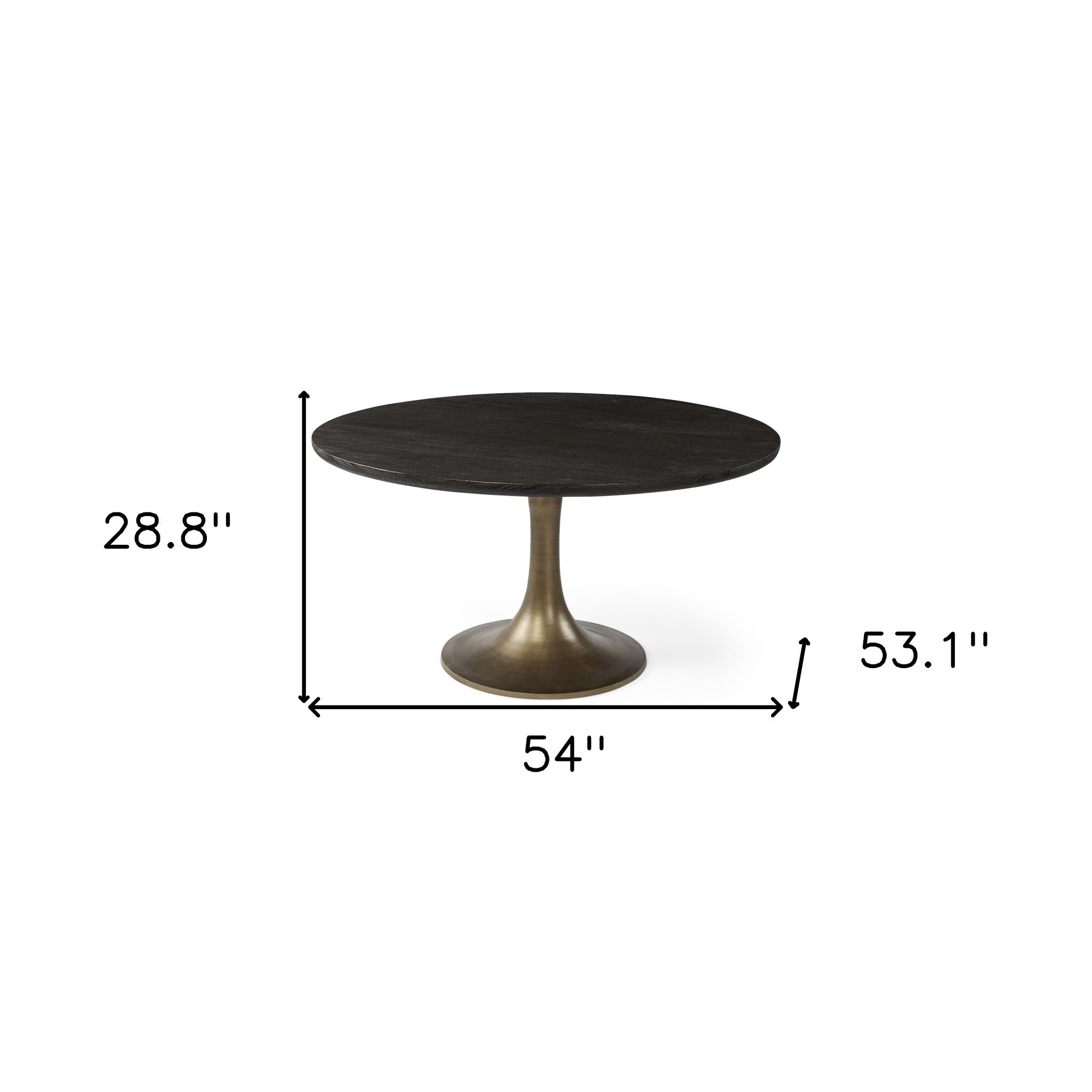 54" Black And Brass Rounded Solid Wood And Metal Pedestal Base Dining Table-5