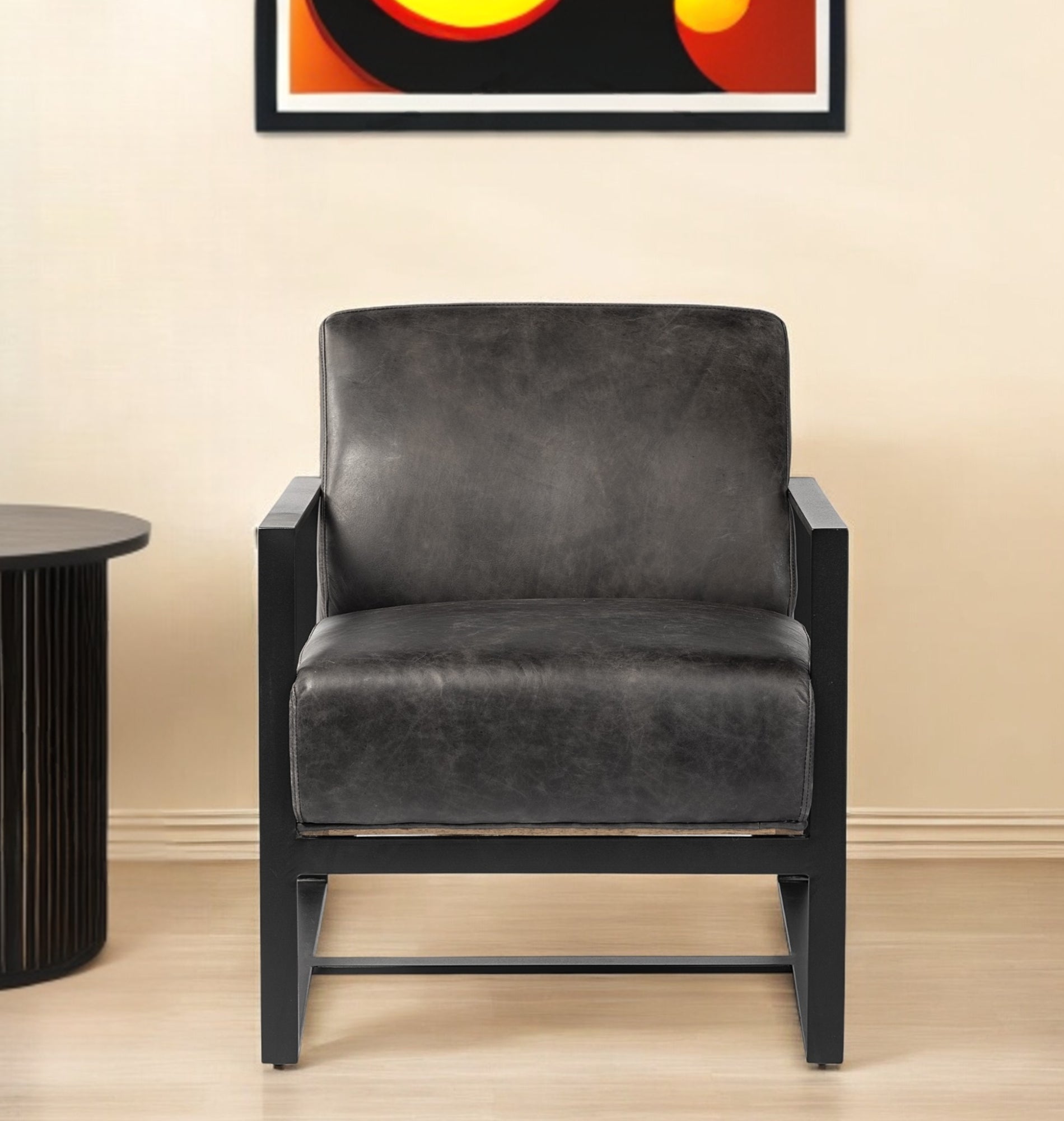 32" Black Genuine Leather Distressed Arm Chair-0