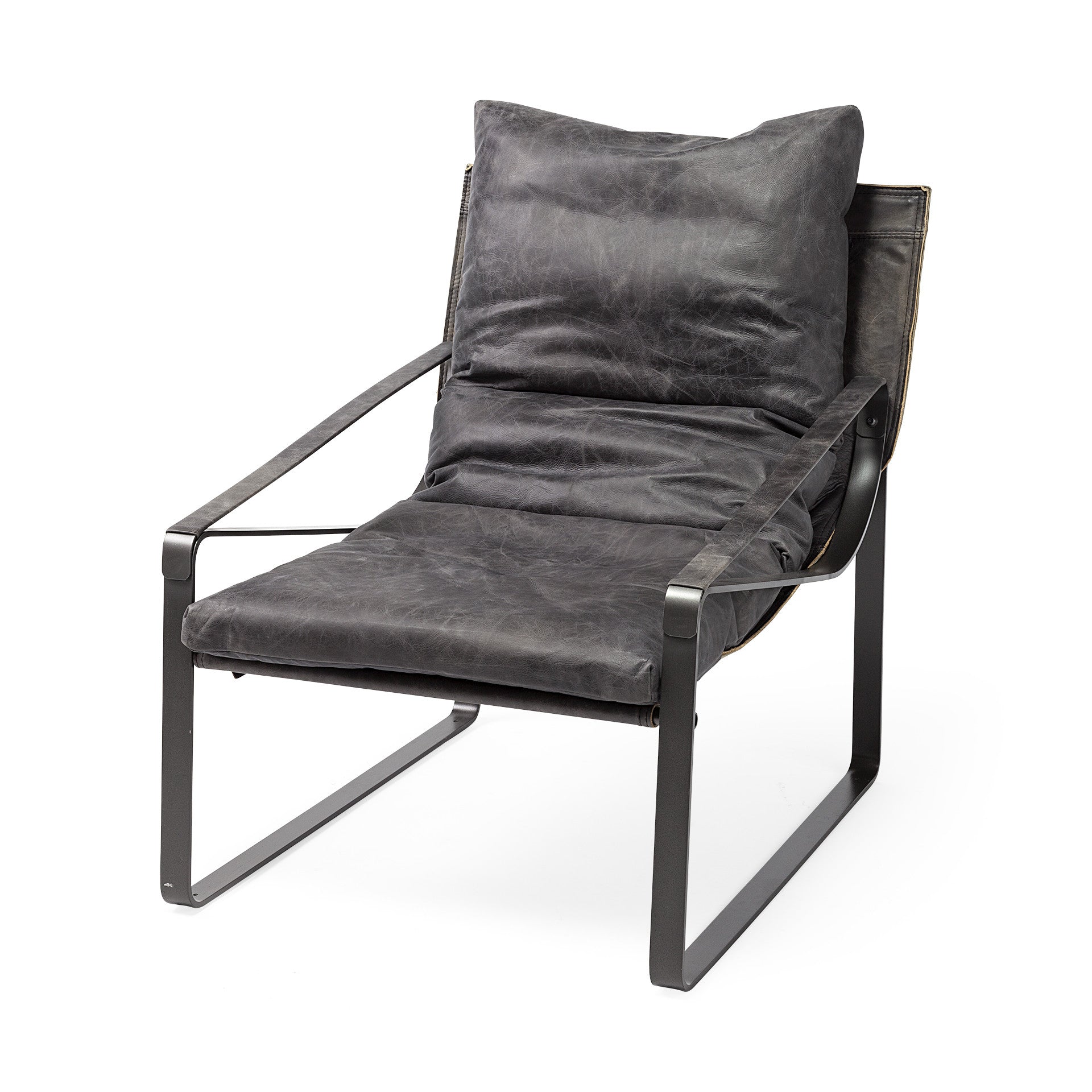 35" Black Leather Distressed Arm Chair-0