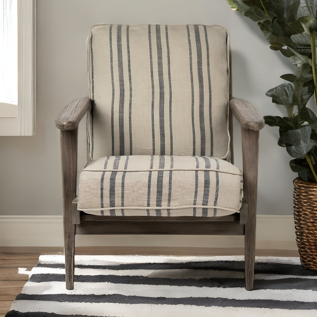 31" Beige Gray and Brown Fabric Striped Lounge Chair-1
