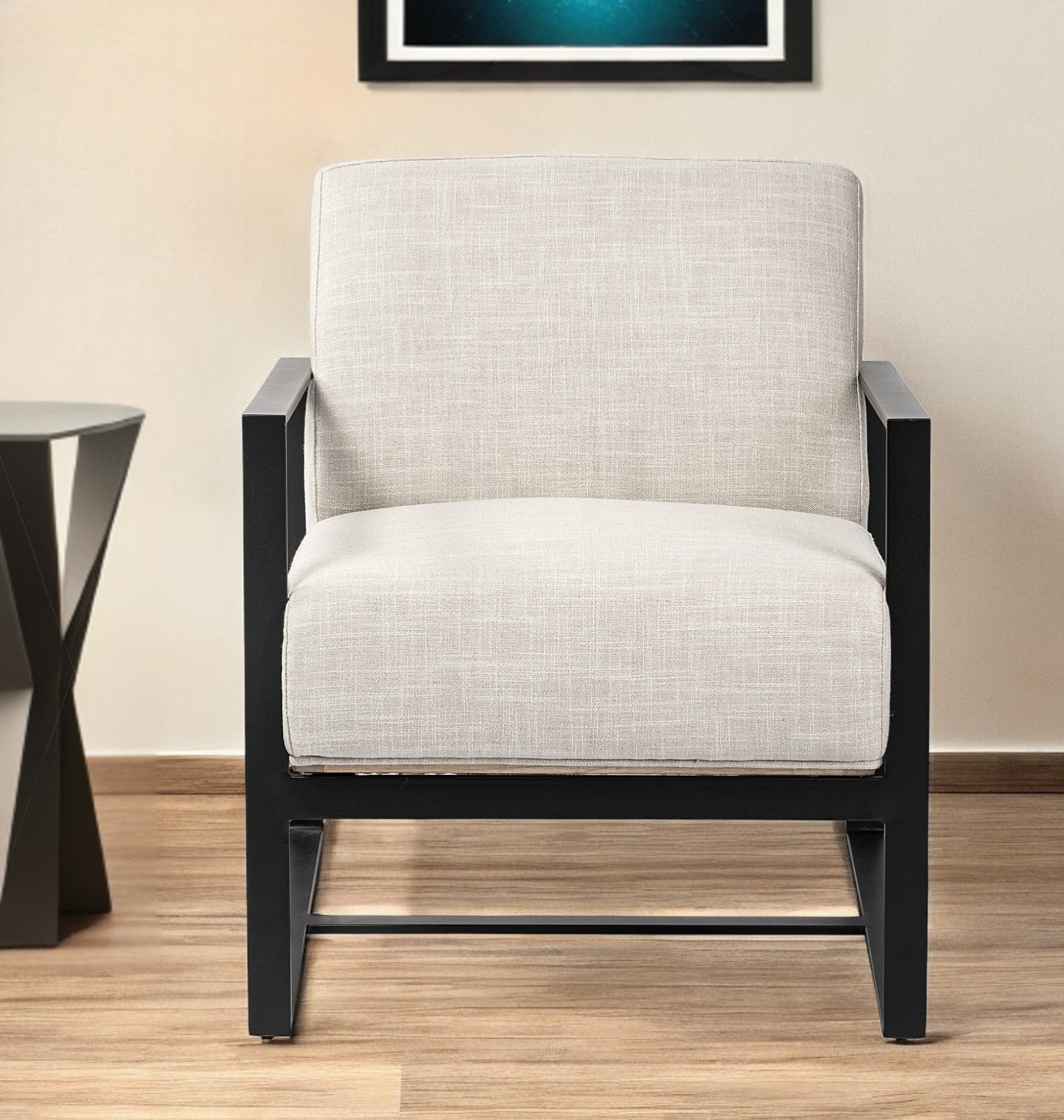 32" Cream and Black Fabric Arm Chair-0
