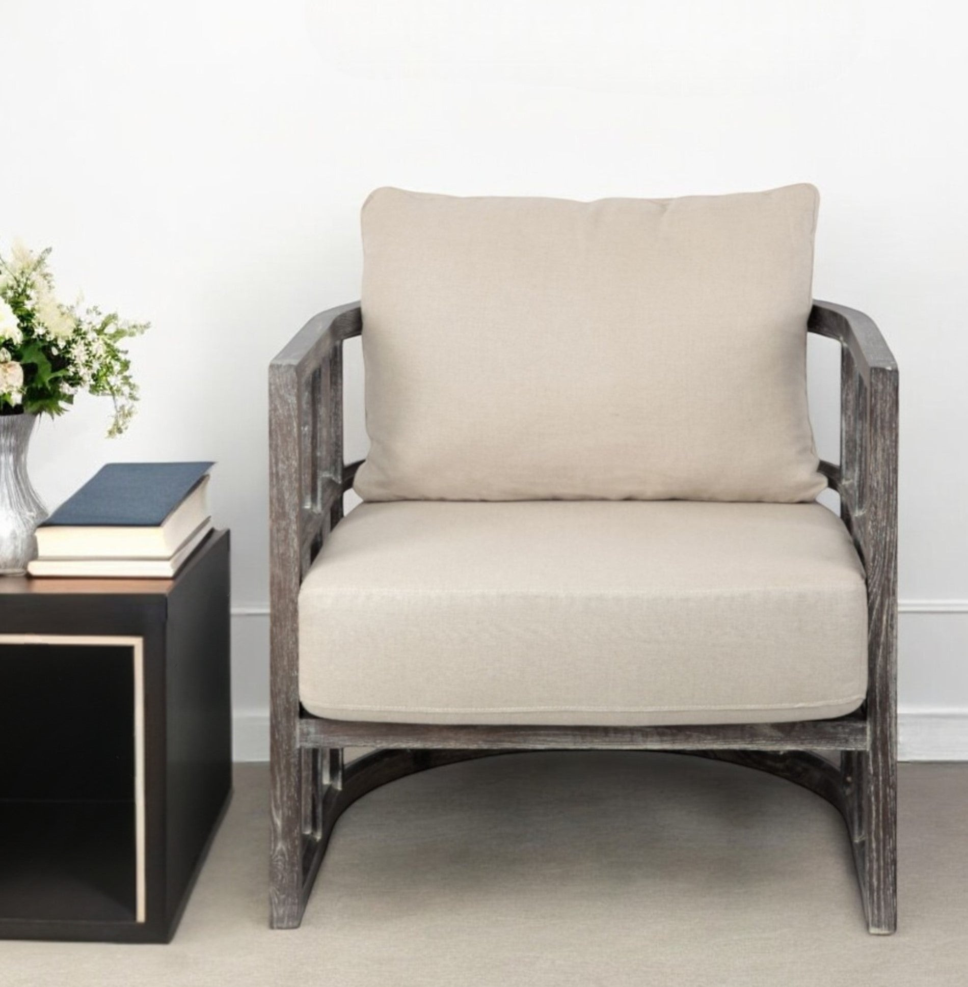 30" Cream and Brown Fabric Distressed Arm Chair-1