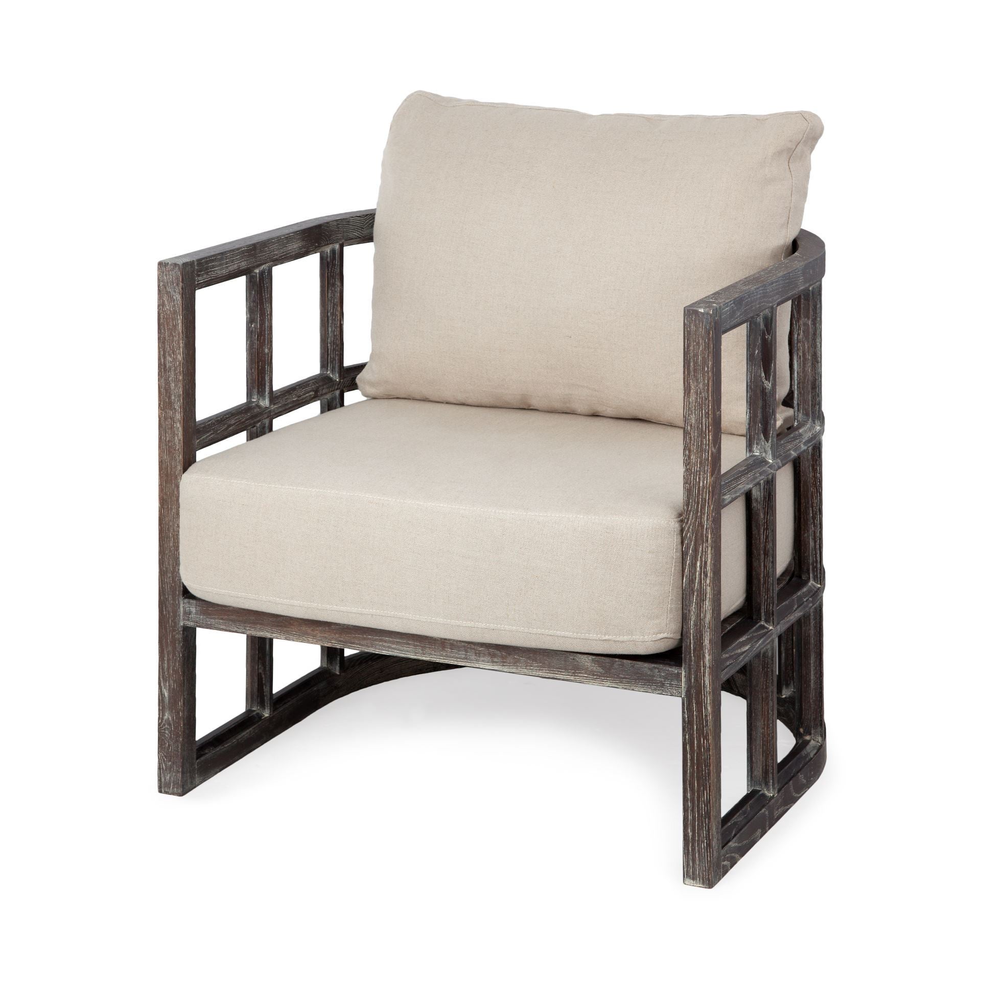 30" Cream and Brown Fabric Distressed Arm Chair-2