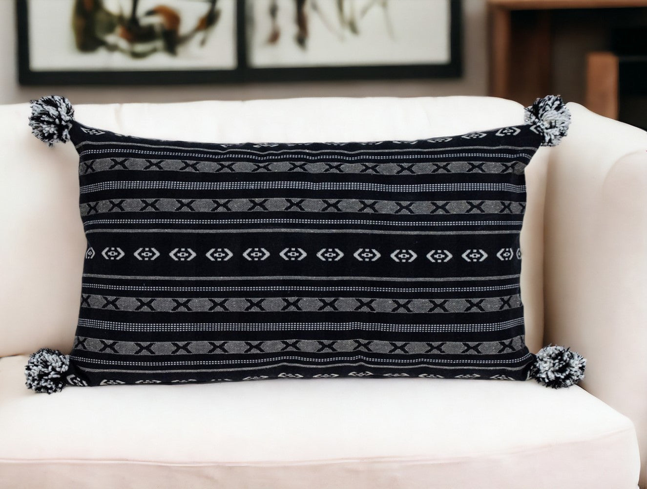 Black And Gray X Pom Throw Pillow-0