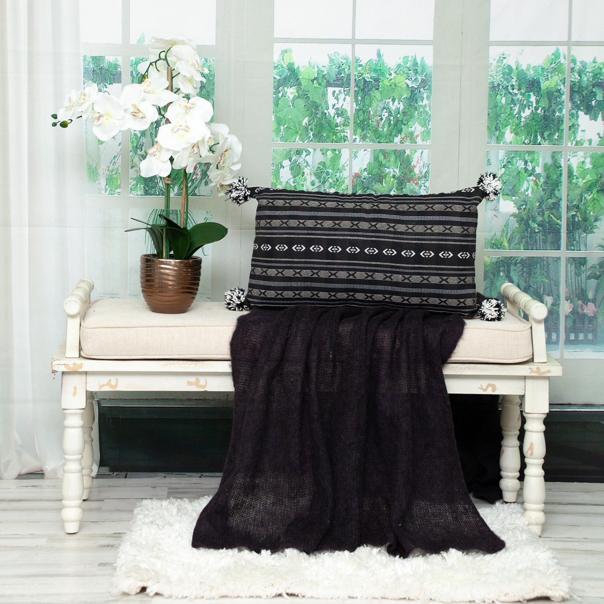 Black And Gray X Pom Throw Pillow-7