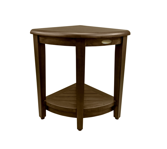 Curvilinear Dark Brown Teak 18" Corner Shower Bench With Shelf-0