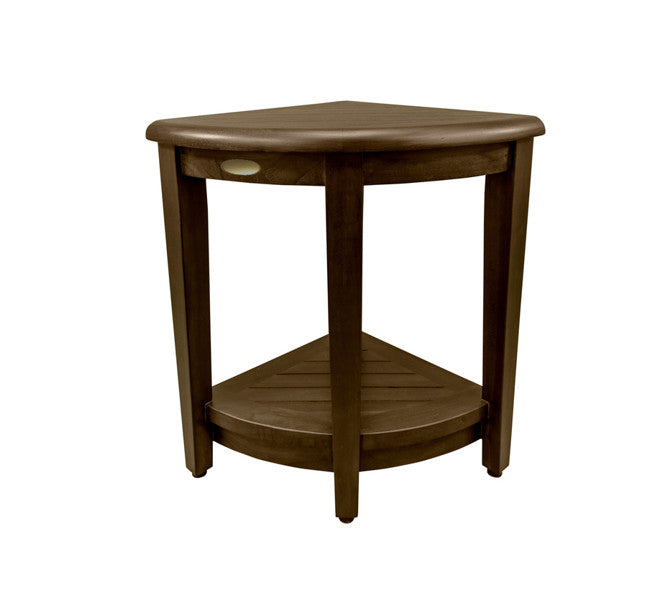 Curvilinear Dark Brown Teak 18" Corner Shower Bench With Shelf-4