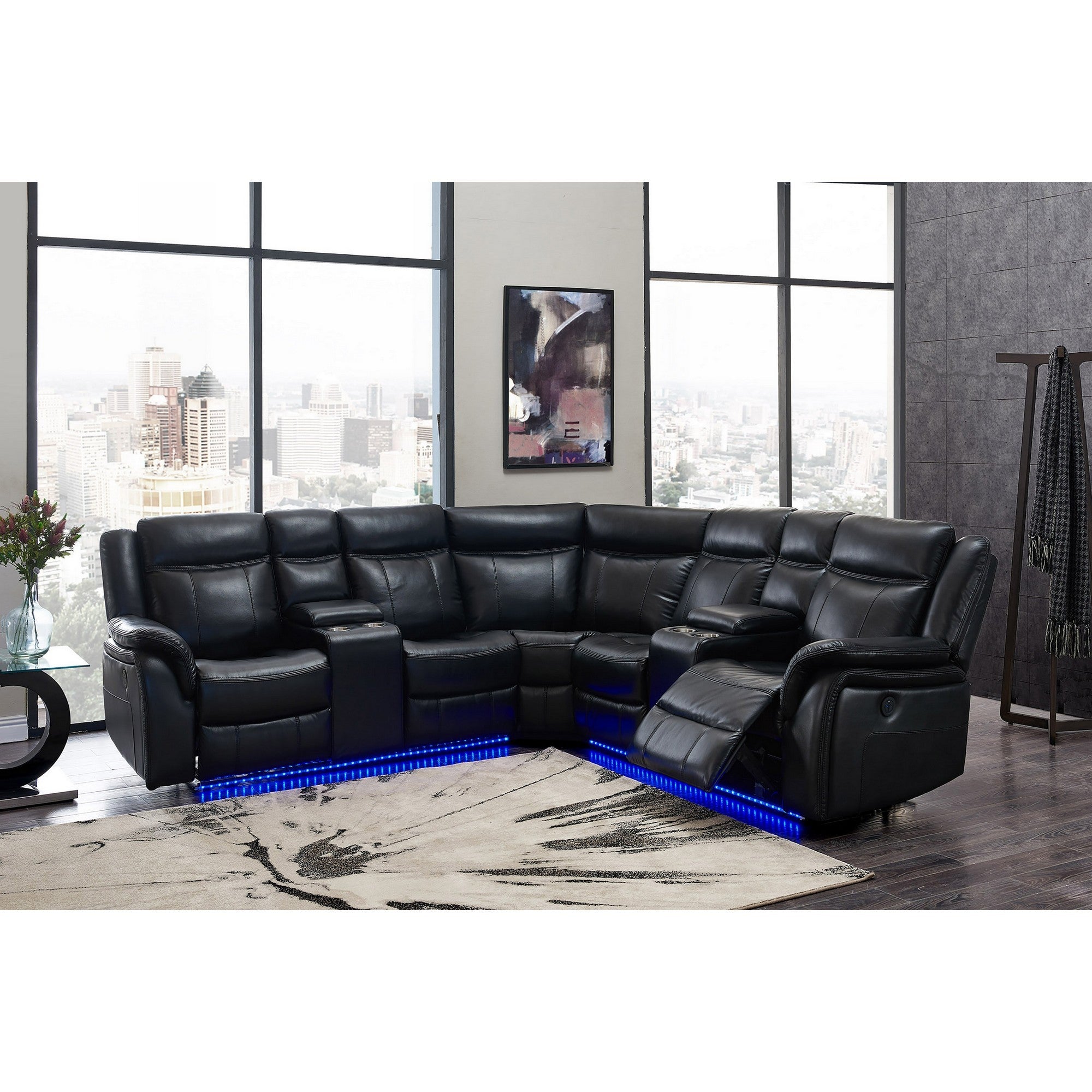 Black Polyester Blend Power Reclining L Shaped Three Piece Corner Sectional With Console-5