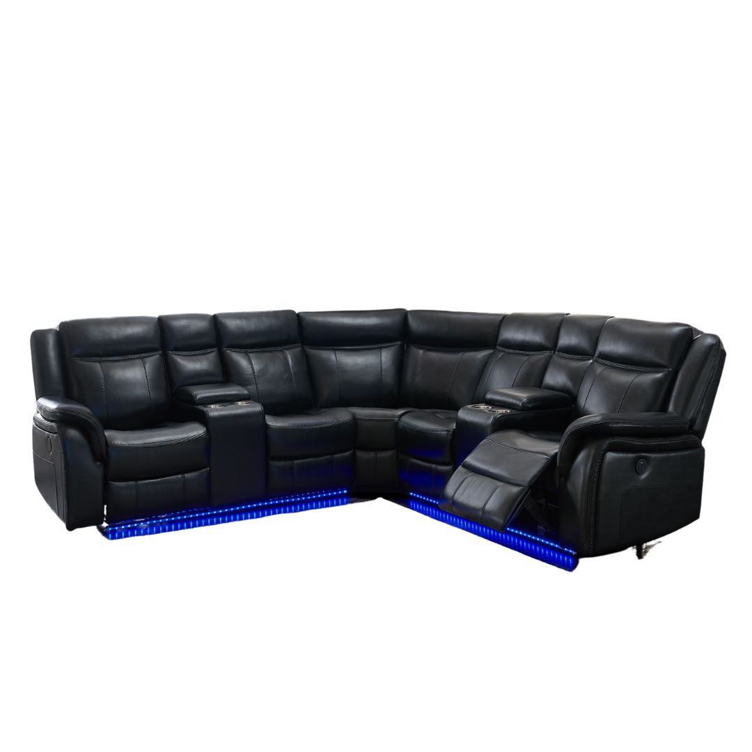 Black Polyester Blend Power Reclining L Shaped Three Piece Corner Sectional With Console-0