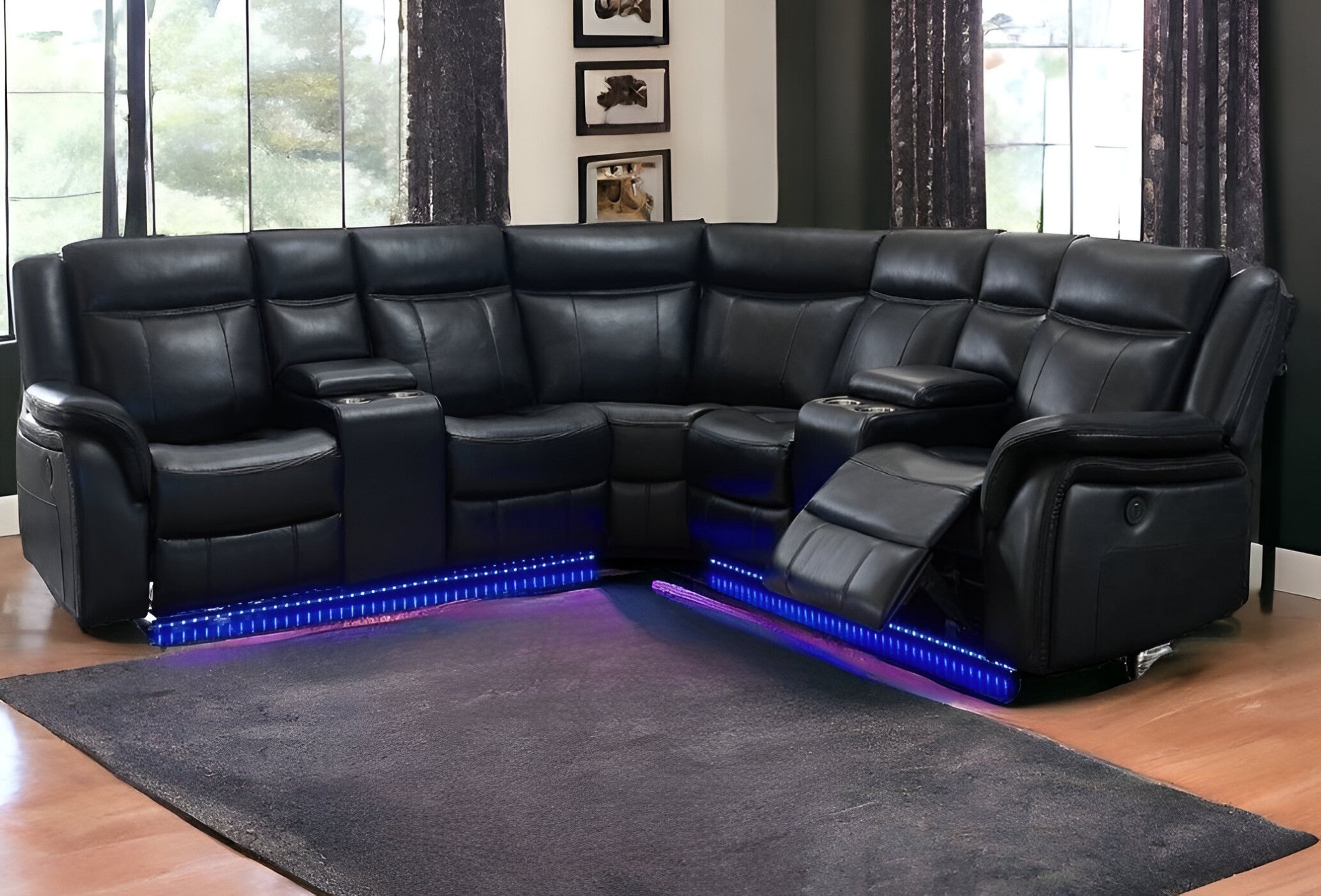 Black Polyester Blend Power Reclining L Shaped Three Piece Corner Sectional With Console-1