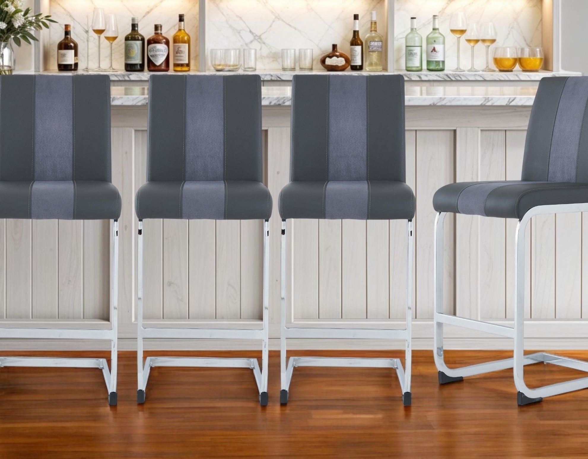 Set of Four 26" Gray and Silver Metal and Faux Leather Counter Height Bar Chairs-0