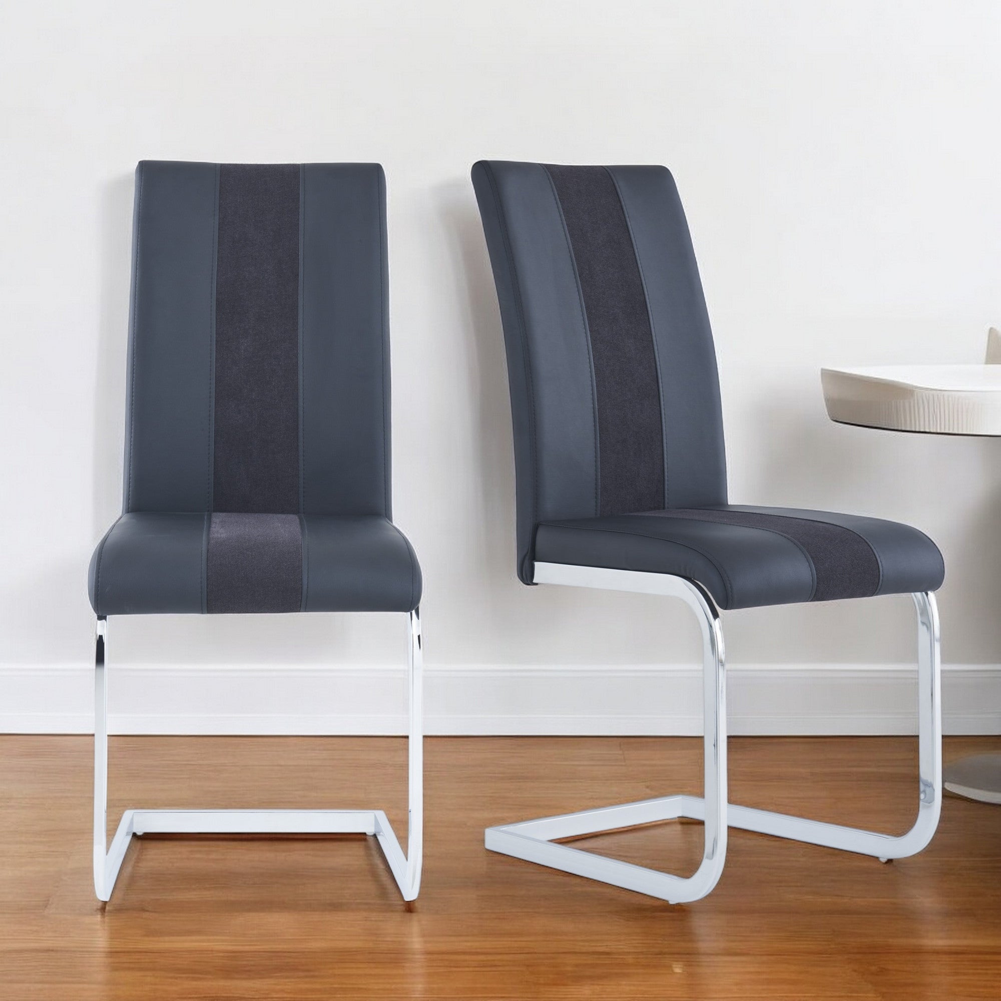 Set of Four Black and Silver Upholstered Faux Leather Dining Side Chairs-1