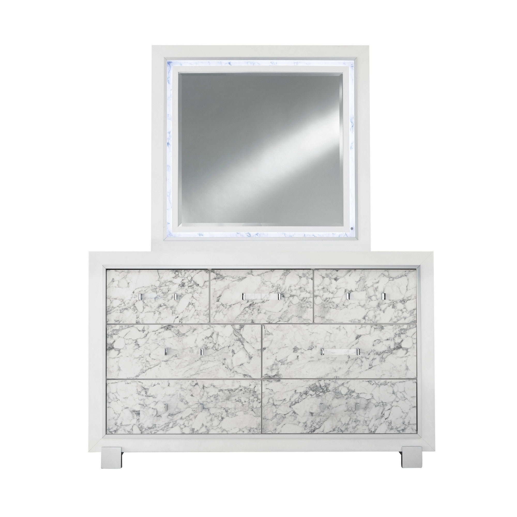 Modern White Dresser With 7 Faux Marble Detailed Front Drawer.-0