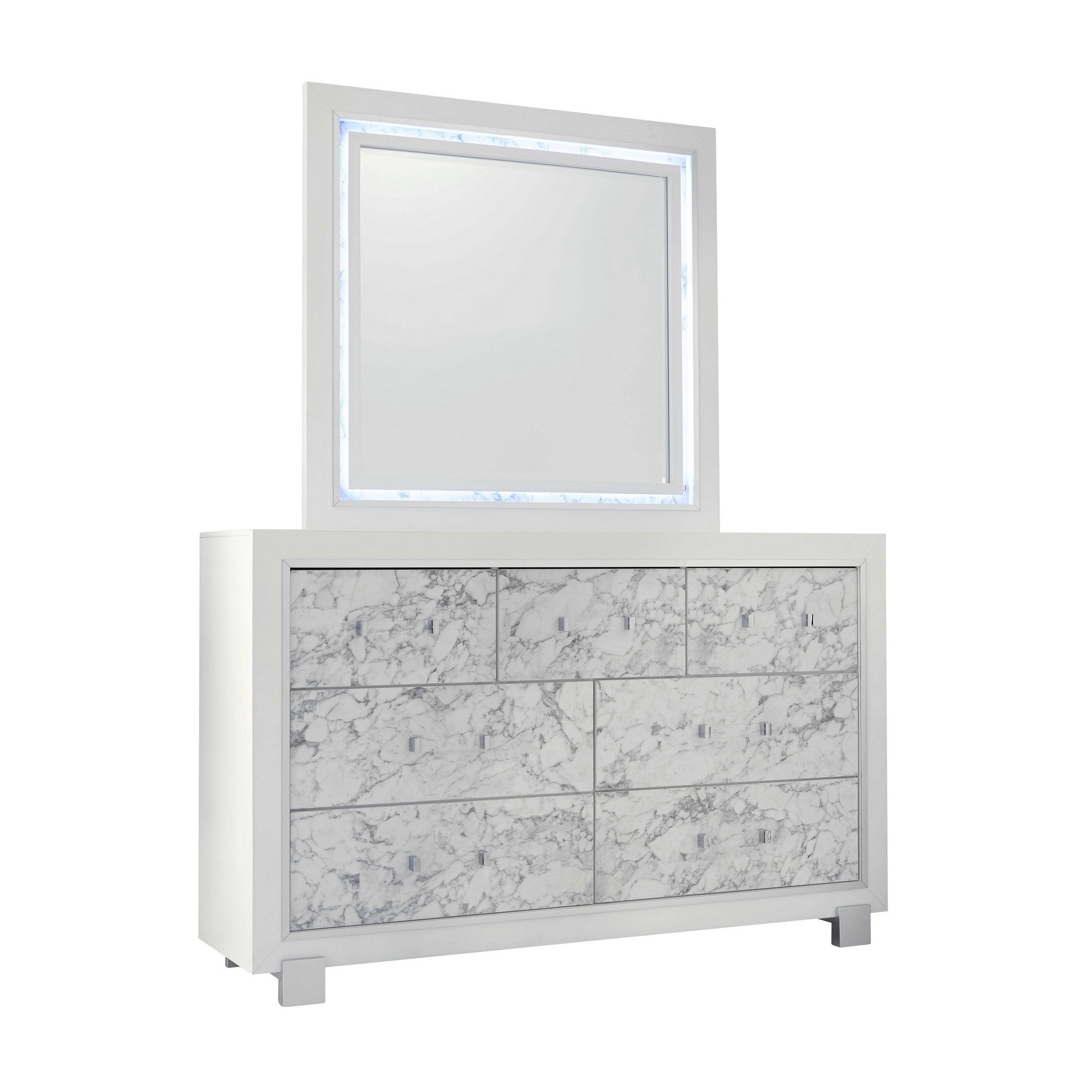 Modern White Dresser With 7 Faux Marble Detailed Front Drawer.-1