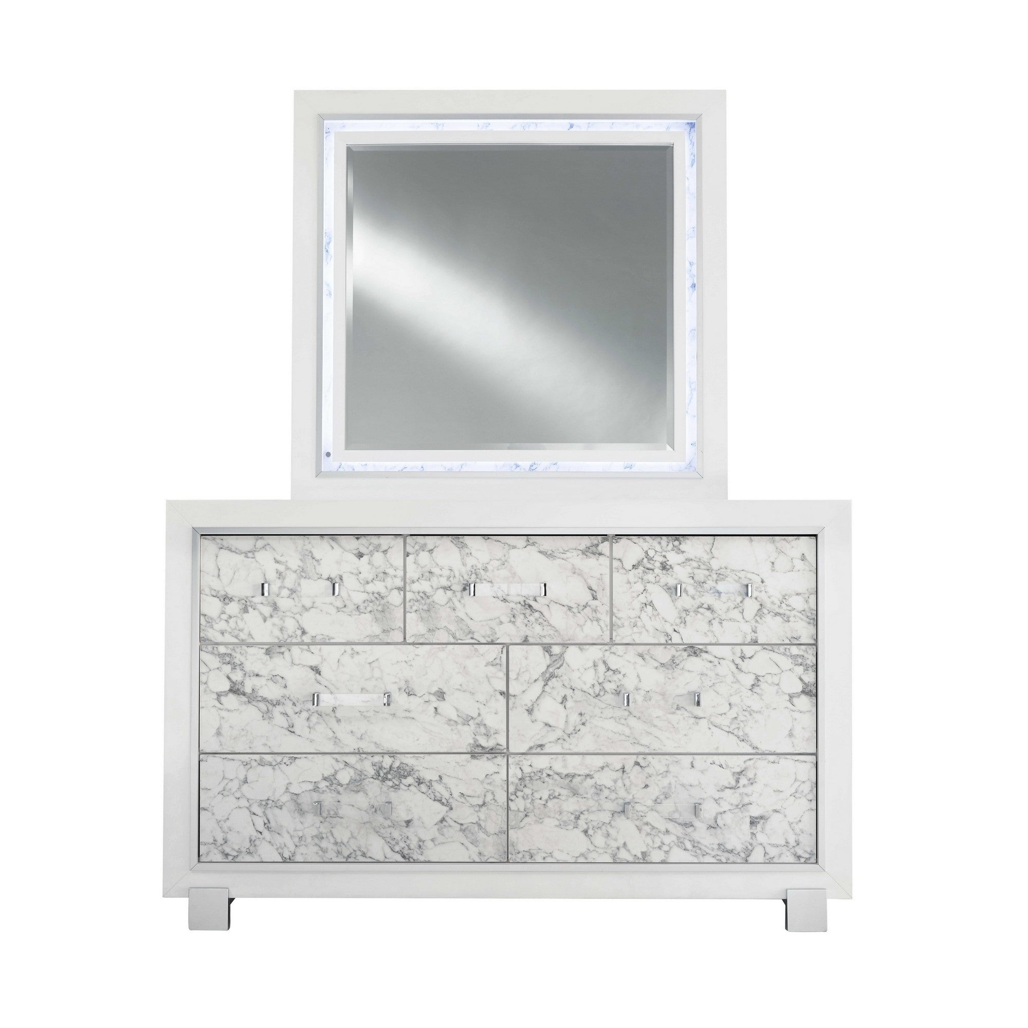 Modern White Dresser With 7 Faux Marble Detailed Front Drawer.-3