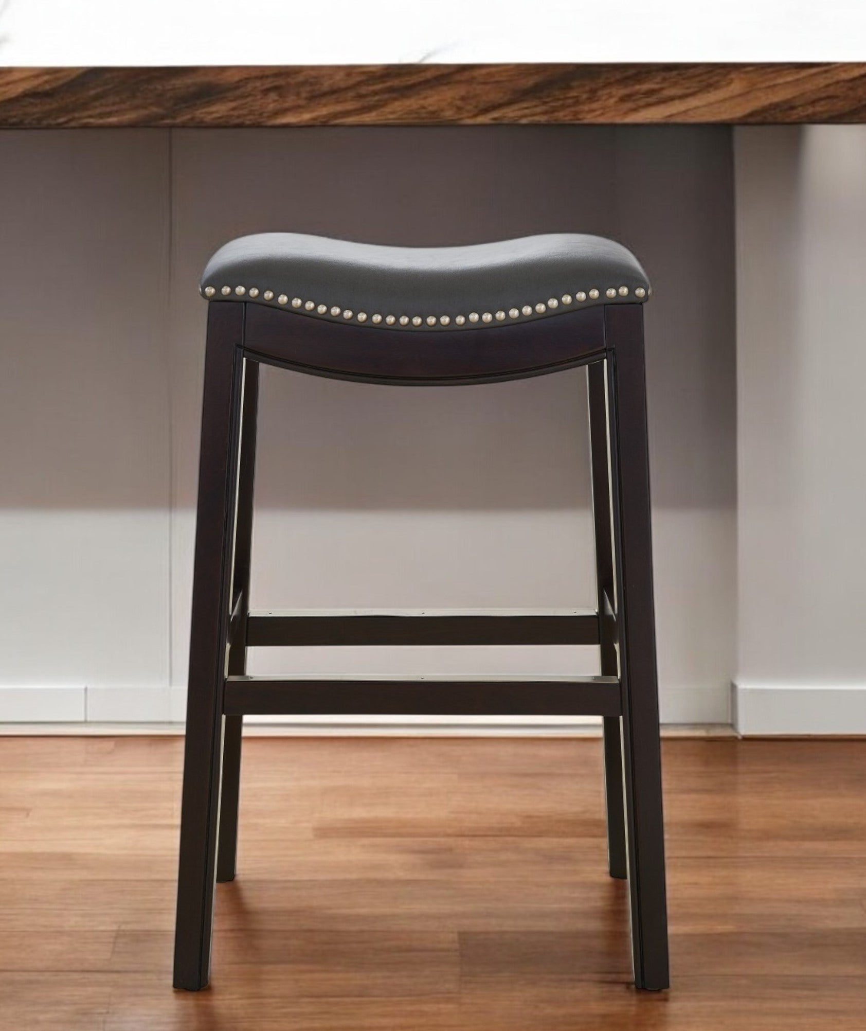 31" Gray and Espresso Faux Leather and Solid Wood Backless Bar Height Bar Chair-0