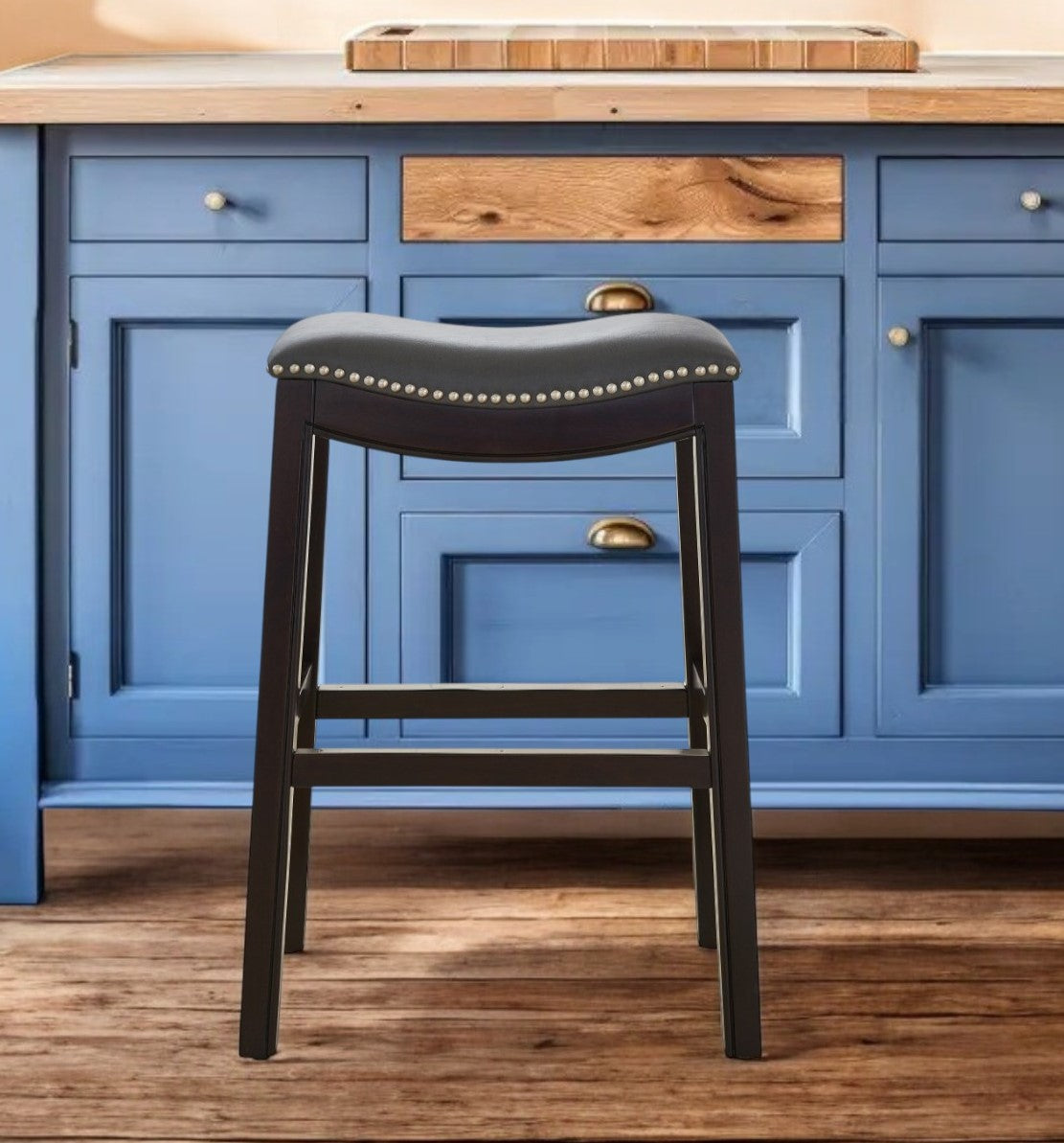 26" Gray and Espresso Faux Leather and Solid Wood Backless Counter Height Bar Chair-0